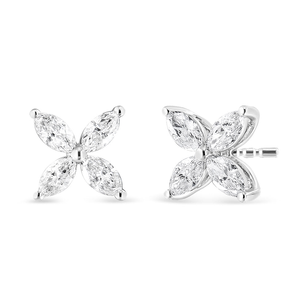 14K White Gold 1.0 Cttw Marquise Diamond 8 Stone Floral Leaf Stud Earrings (H-I Color, SI2-I1 Clarity) - Friggin Jewelry Premium