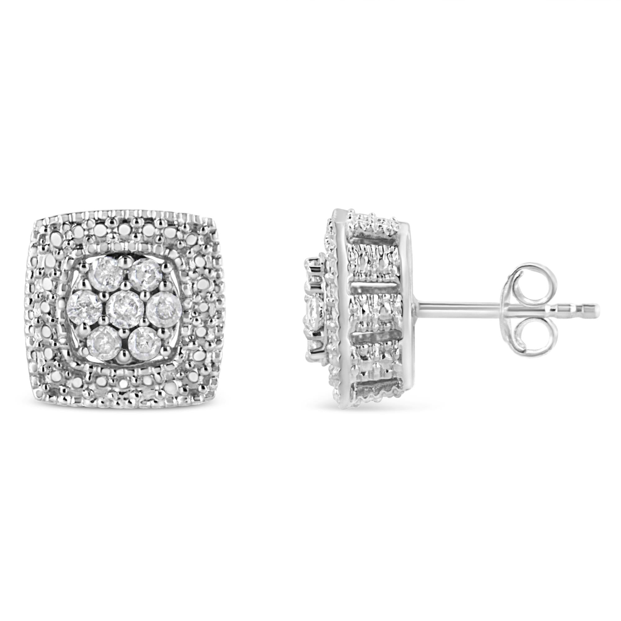 Pendientes de botón de plata de ley 925 con forma cuadrada de diamante de 1/2 quilates (color IJ, claridad I2-I3) - Friggin Jewelry