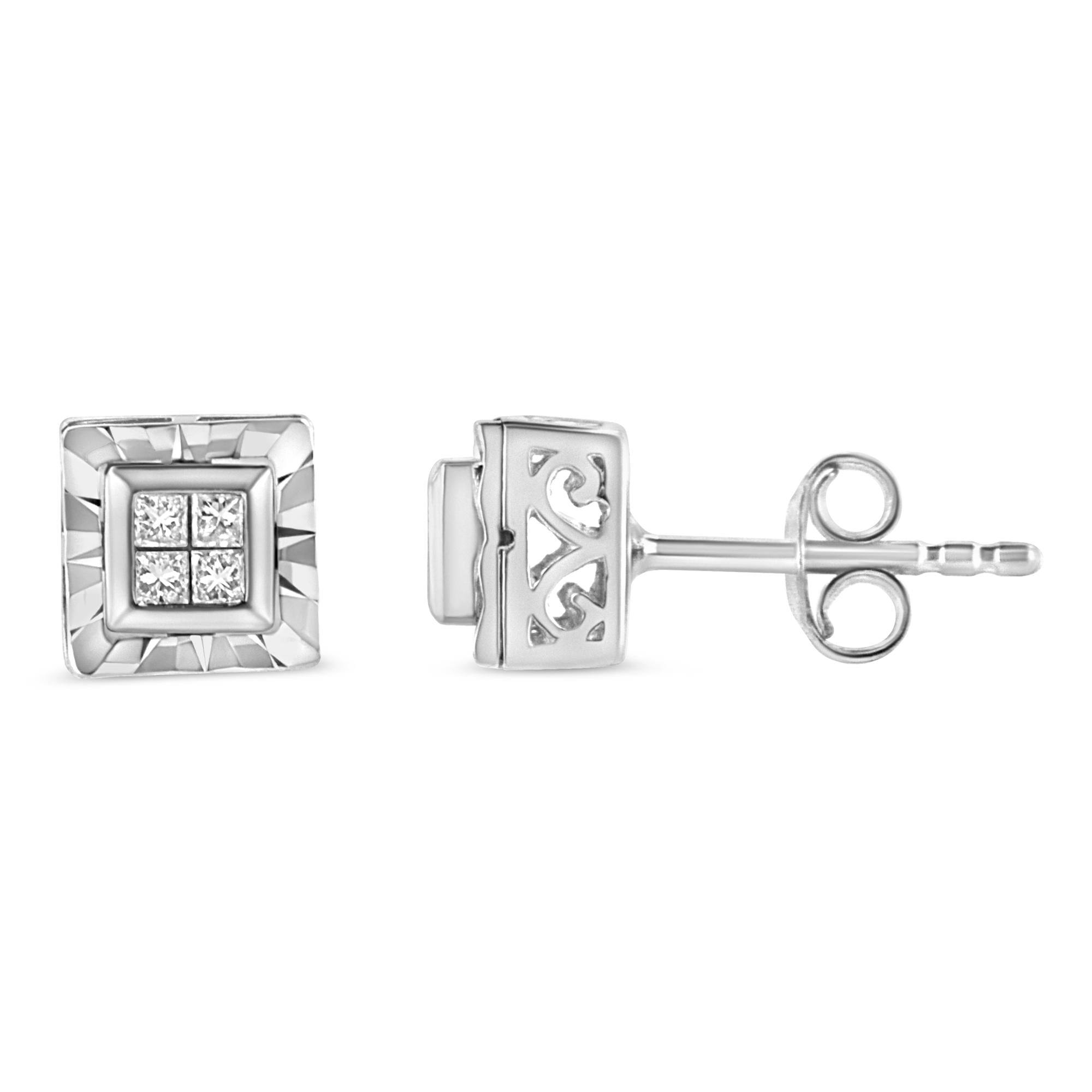 Aretes de plata de ley 925 con diamantes de talla princesa de 1/6 ct y cuatro diamantes (color HI, claridad I1-I2) - Friggin Jewelry
