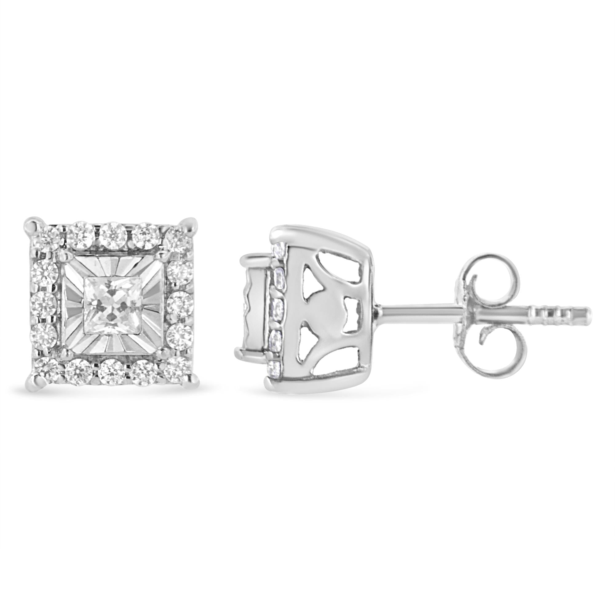 Pendientes de plata de ley 925 con halo de diamantes de talla princesa y redonda de 1/4 ct (color IJ, claridad I2-I3) - Friggin Jewelry