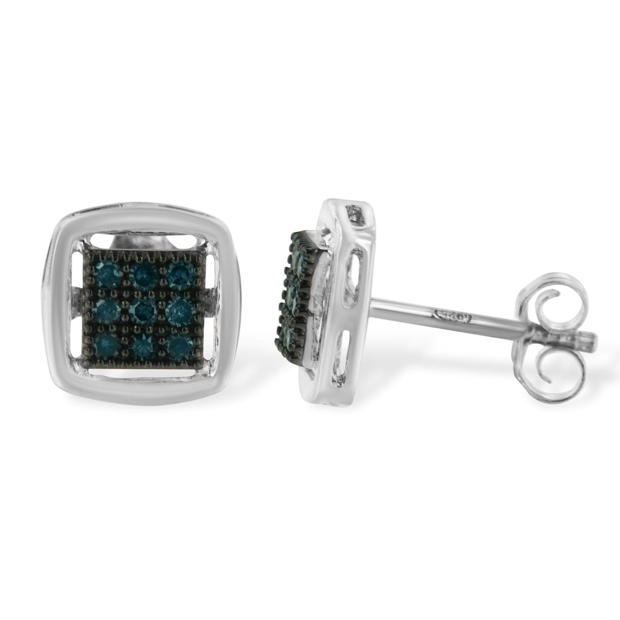 Orecchini a bottone quadrati in argento sterling con diamante blu trattato taglio rosa (0,25 cttw, colore blu, purezza I2-I3) - Friggin Jewelry