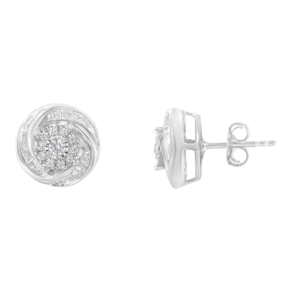 Pendiente de botón con nudo de amor de diamantes de talla baguette y redonda de 3/4 quilates en plata de ley 925 (color IJ, claridad I2-I3) - Friggin Jewelry