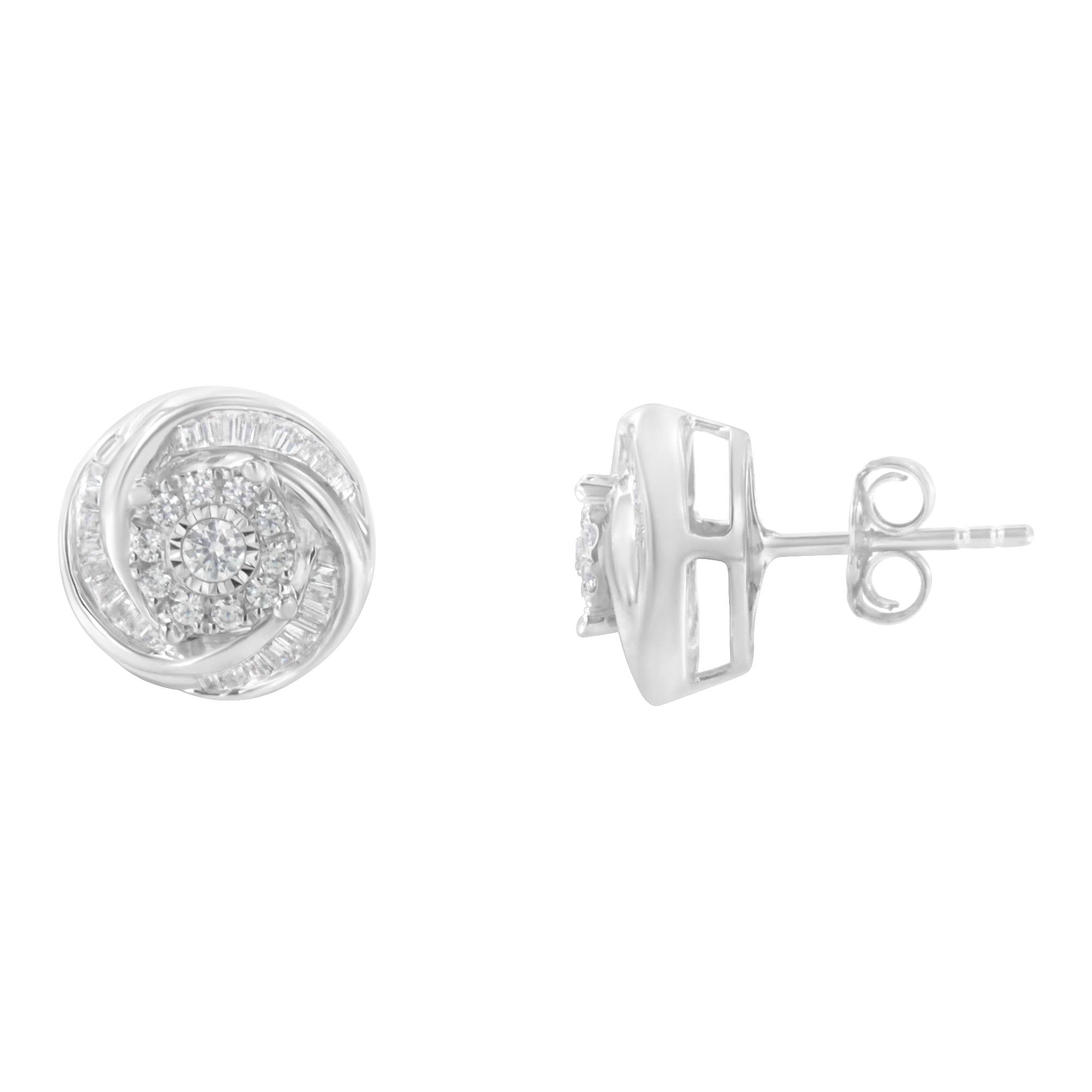 Pendiente de botón con nudo de amor de diamantes de talla baguette y redonda de 3/4 quilates en plata de ley 925 (color IJ, claridad I2-I3) - Friggin Jewelry