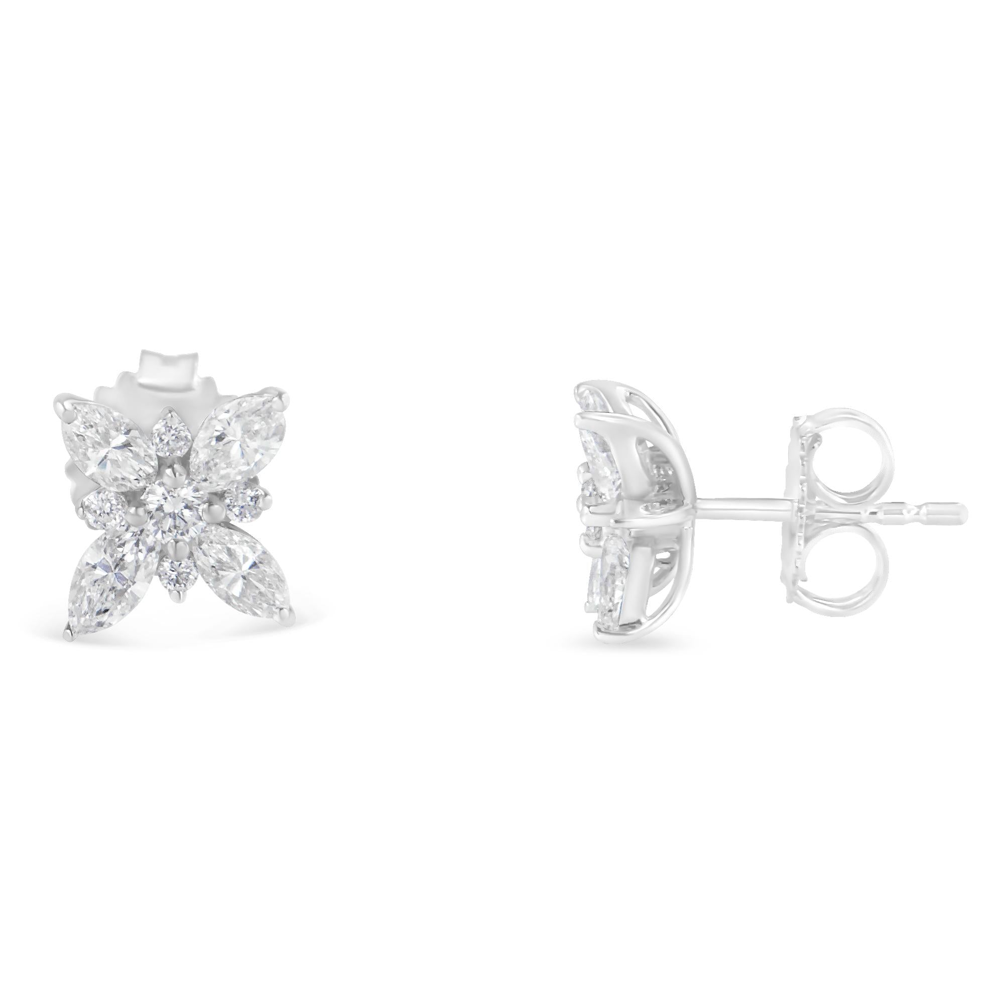 Orecchini a bottone a forma di fiore con diamanti Marquise in oro bianco 14 carati (1,00 cttw, colore HI, purezza SI1-SI2) - Friggin Jewelry