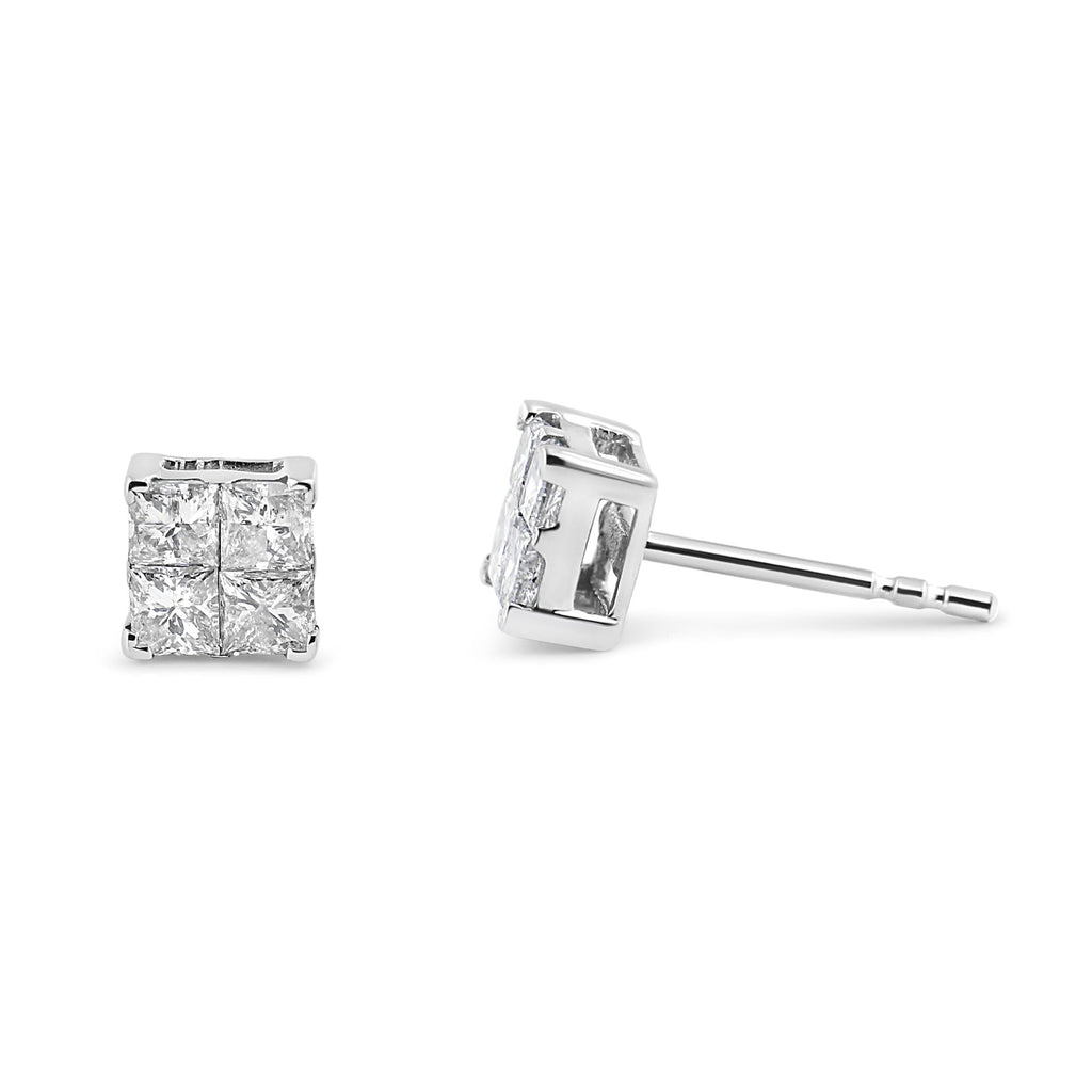 Aretes de oro blanco de 10 quilates con diamantes de talla princesa de 1,00 ct y forma cuadrada (color GH, claridad I2-I3) - Friggin Jewelry