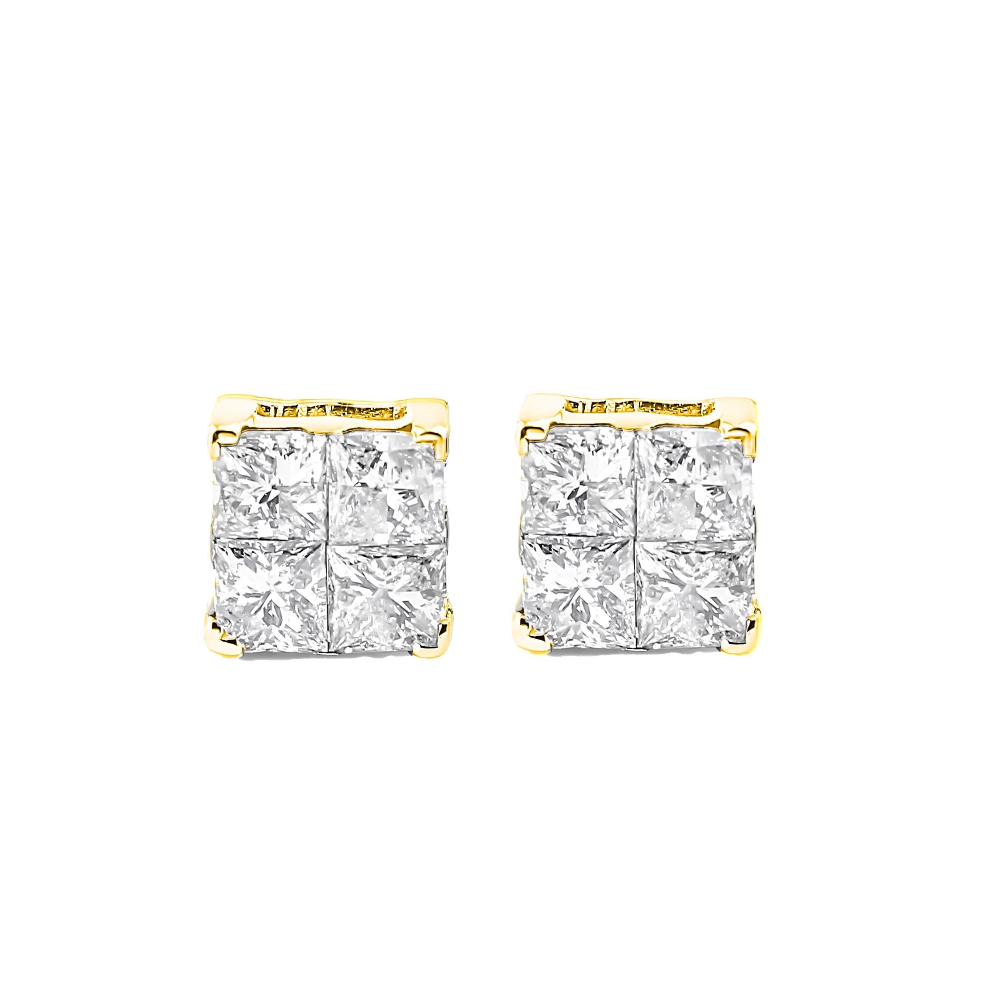 10K Yellow Gold Plated .925 Sterling Silver 1.0 Cttw Princess-Cut Diamond Composite Multi Stone Stud Earrings (J-K Color, SI2-I1 Clarity) - Friggin Jewelry