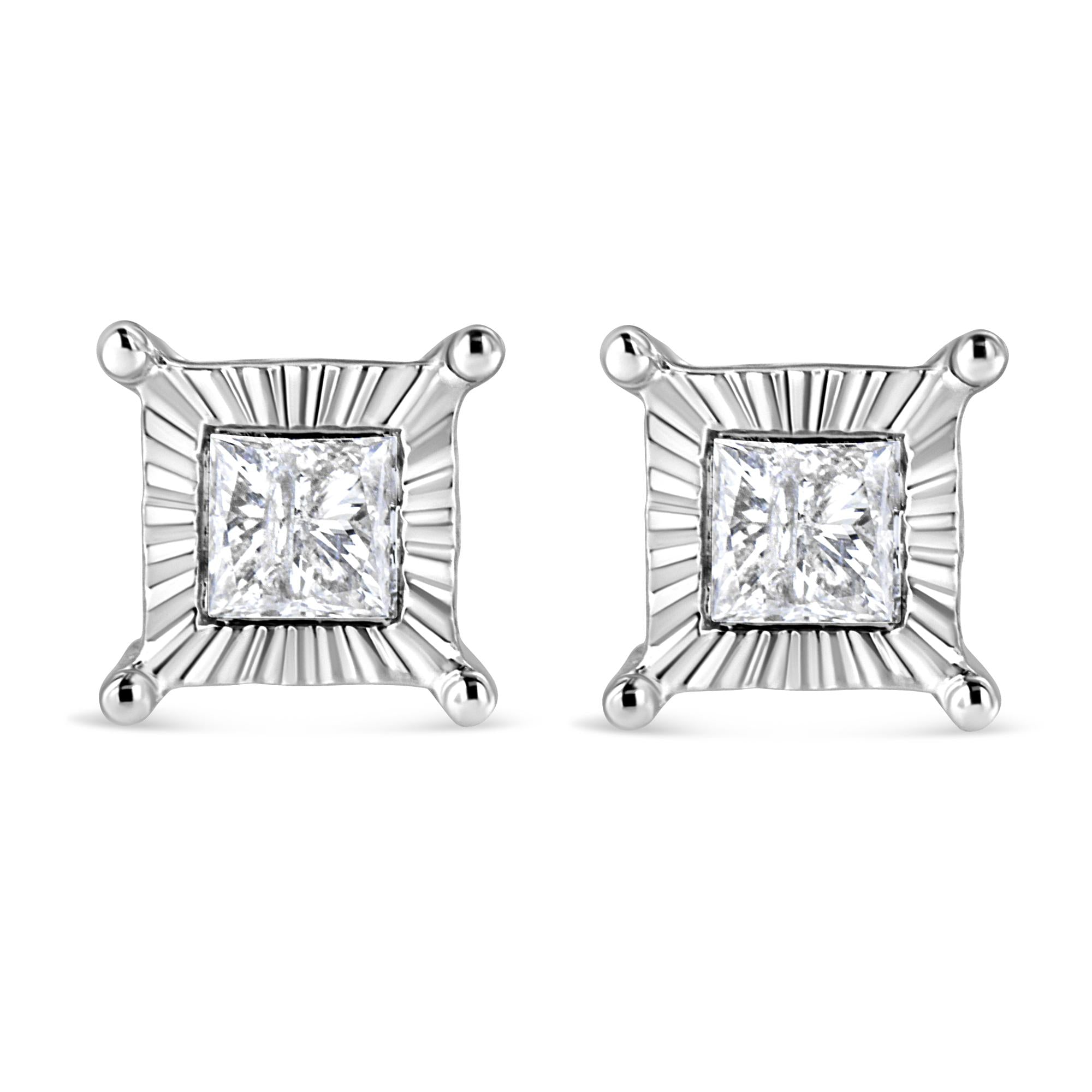 Pendientes solitarios de diamantes de talla princesa engastados en plata de ley 925 (color HI, claridad I2-I3) - Friggin Jewelry