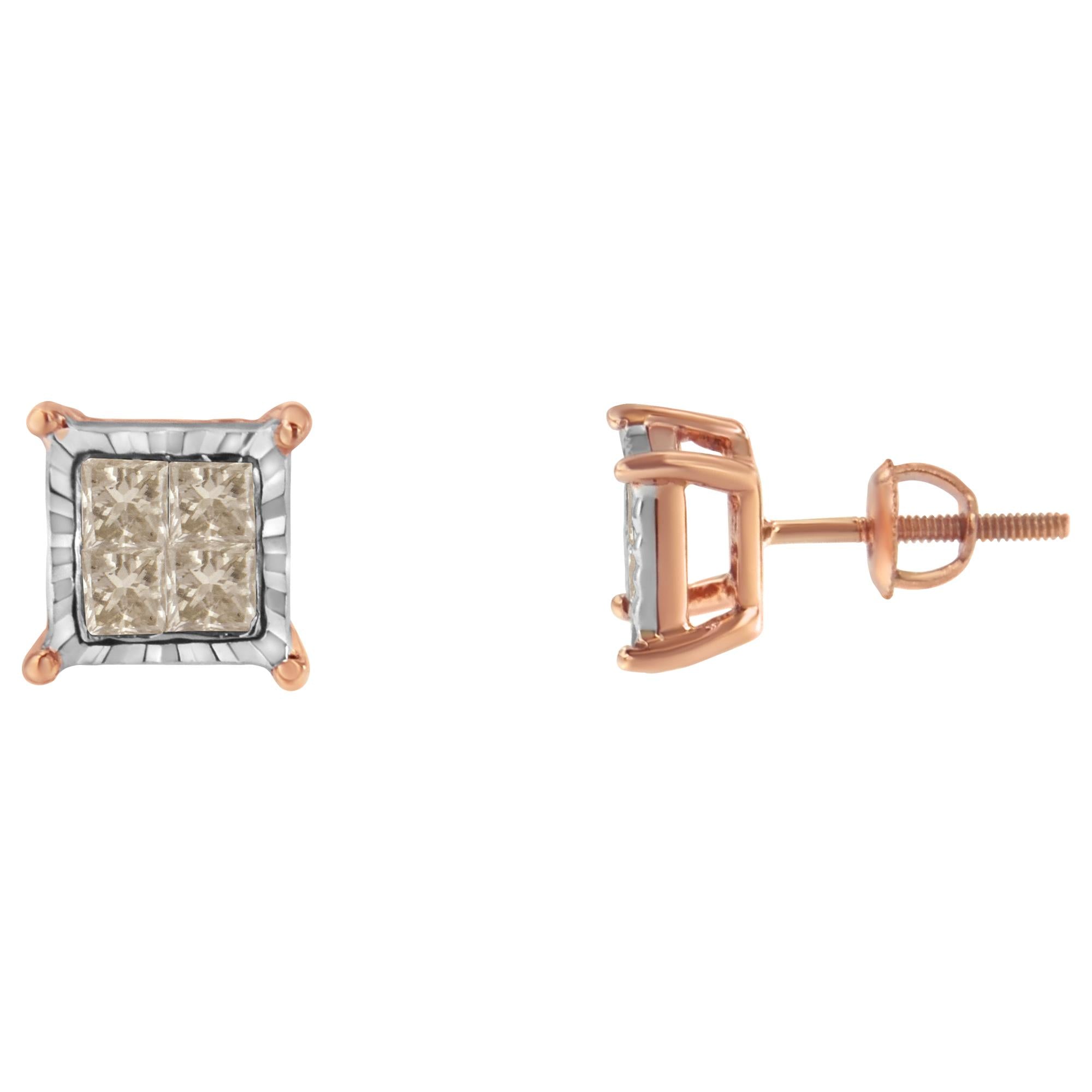 Aretes de diamantes compuestos de talla princesa de dos tonos de 10 quilates (1/2 ct, color JK, claridad I1-I2) - Friggin Jewelry