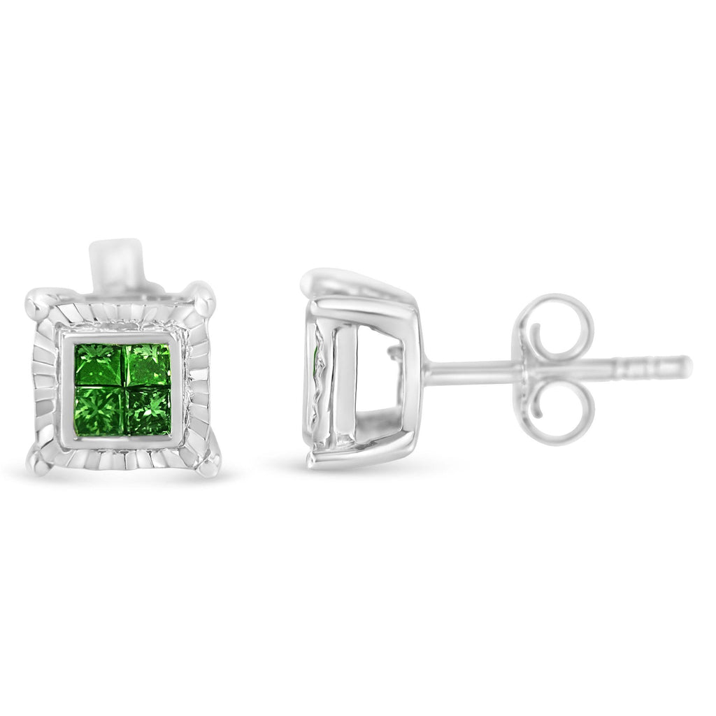 Sterling Silver Color Treated Princess Diamond Quad Stud Earring (1/2 cttw, Green Color, I1-I2 Clarity) - Friggin Jewelry