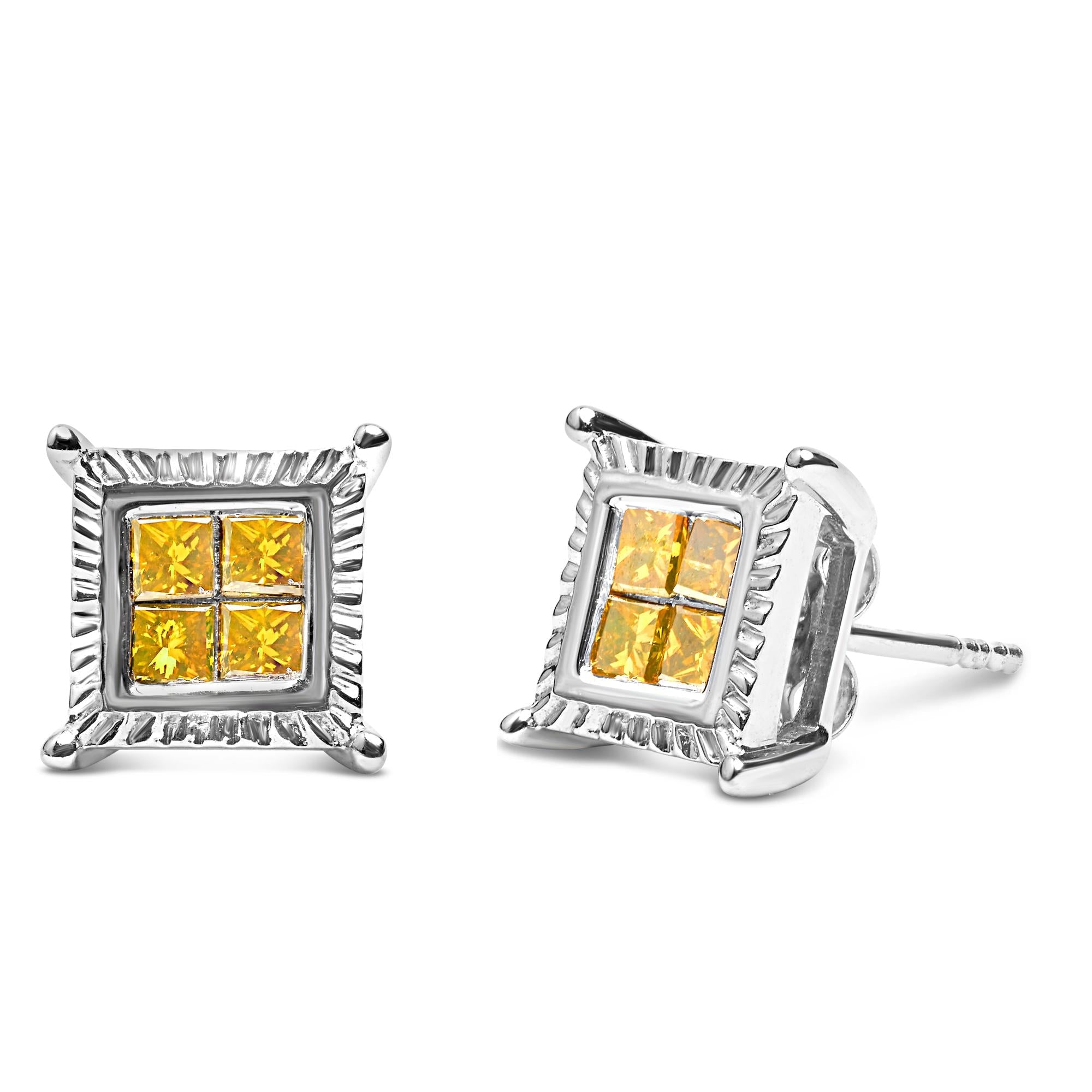 Pendientes de botón de cuatro diamantes princesa amarillos de 1/2 quilates en plata de ley 925 - Friggin Jewelry
