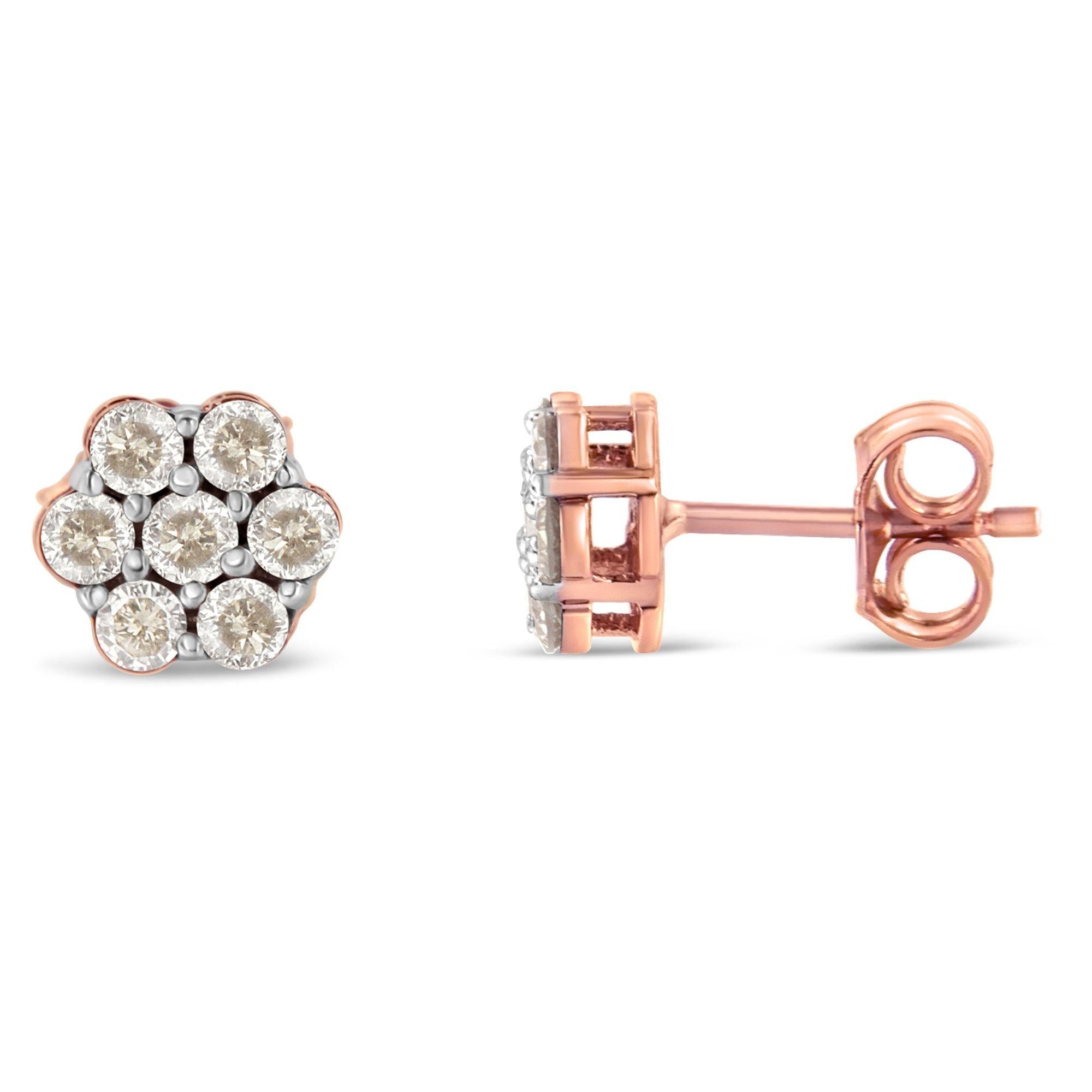 Aretes florales de diamantes en oro rosa de 10 quilates (0,5 cts, color JK, claridad I1-I2) - Friggin Jewelry