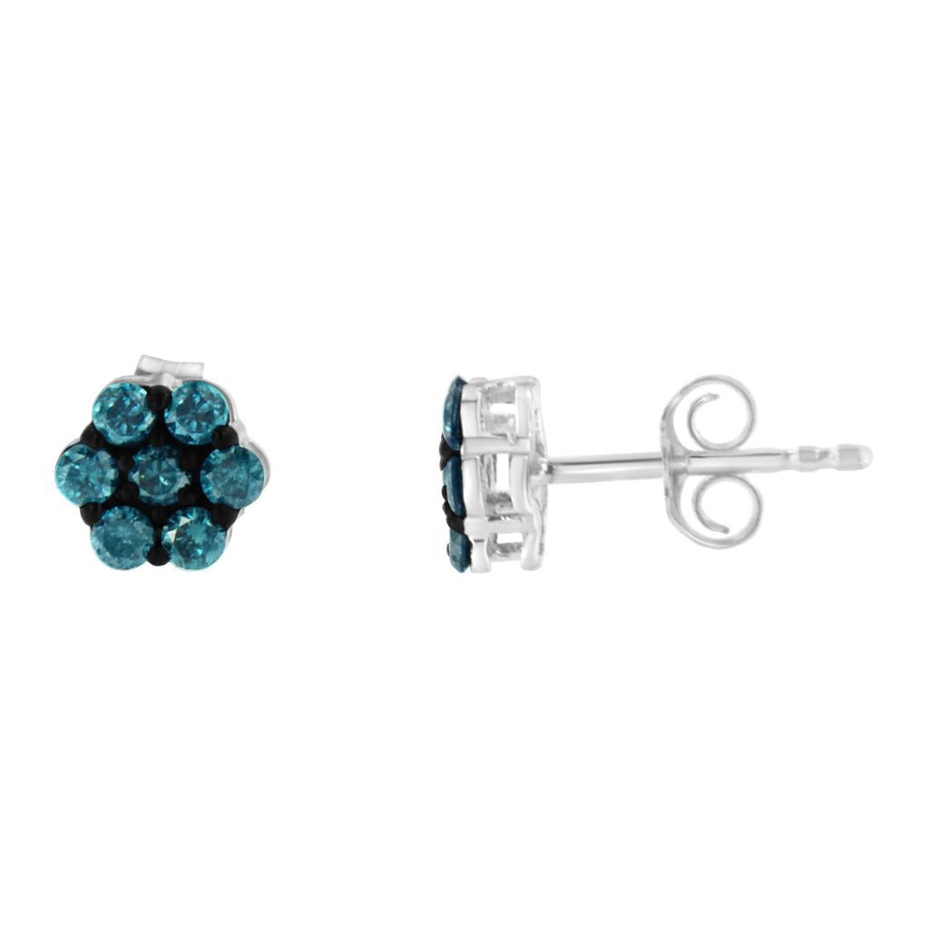 Sterling Silver Treated Blue Diamond Floral Stud Earrings (0.5 cttw, Blue Color, I2-I3 Clarity) - Friggin Jewelry