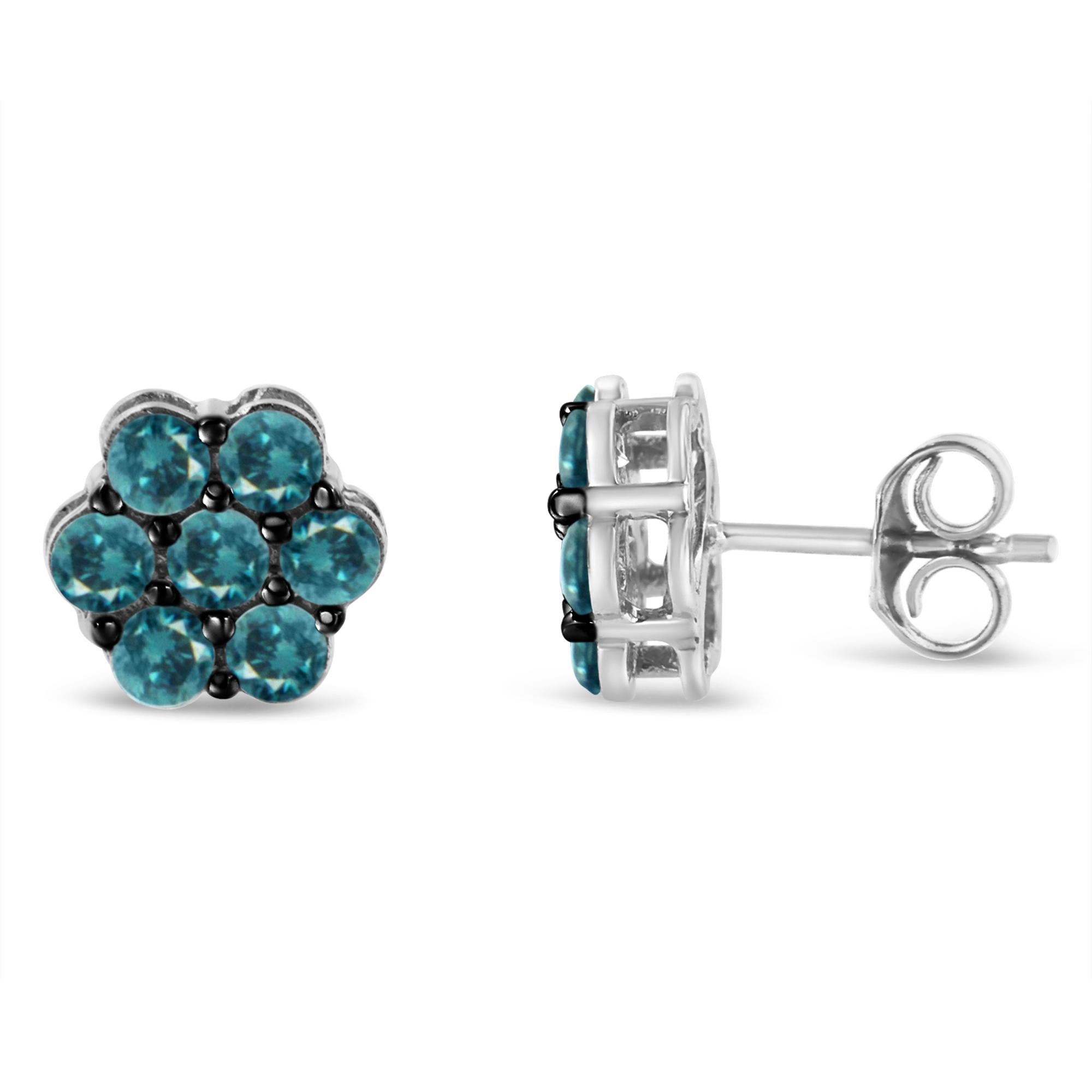 Pendientes de plata de ley con diseño floral de diamantes azules tratados (1 ct, color azul, claridad I2-I3) - Friggin Jewelry