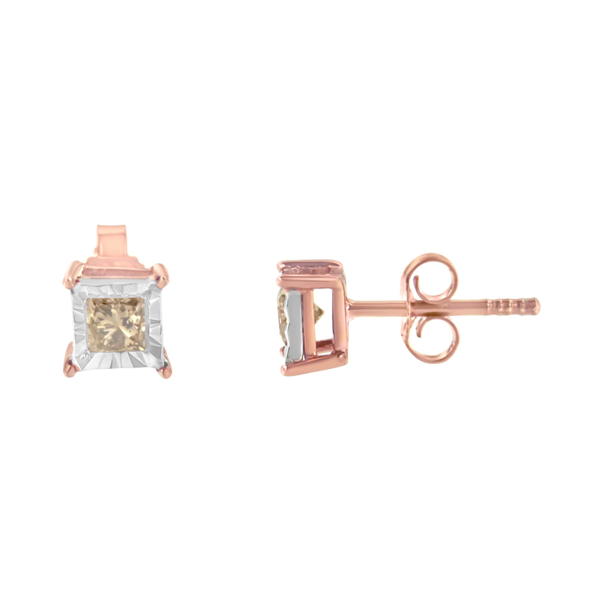 14K Rose Gold Plated Two-Tone .925 Sterling Silver 1/2 Cttw Princess-Cut Square Diamond Solitaire Miracle-Plate Stud Earrings (K-L Color, I2-I3 Clarity) - Friggin Jewelry