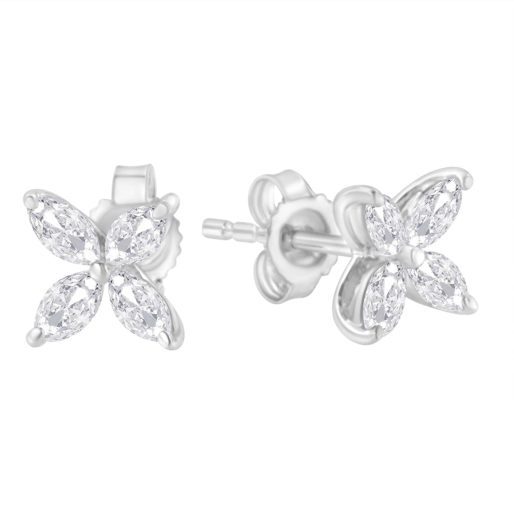 14K Gold Marquise Diamond 8 Stone Floral Leaf Stud Earrings (I-J Color, SI2-I1 Clarity) - Friggin Jewelry
