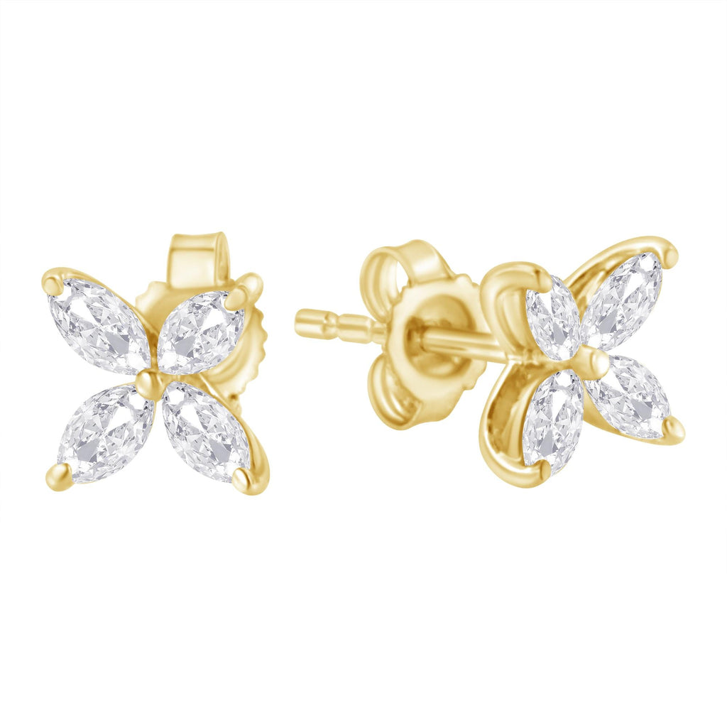 14K Gold Marquise Diamond 8 Stone Floral Leaf Stud Earrings (I-J Color, SI2-I1 Clarity) - Friggin Jewelry