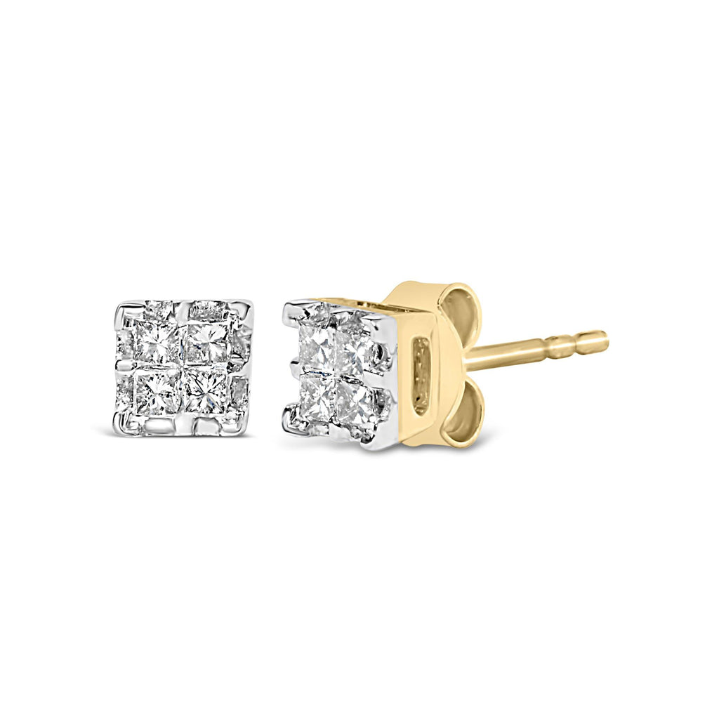 Aretes de oro amarillo de 10 k con diamantes princesa de cuatro puntas (1/4 ct, color JK, claridad I2-I3) - Friggin Jewelry