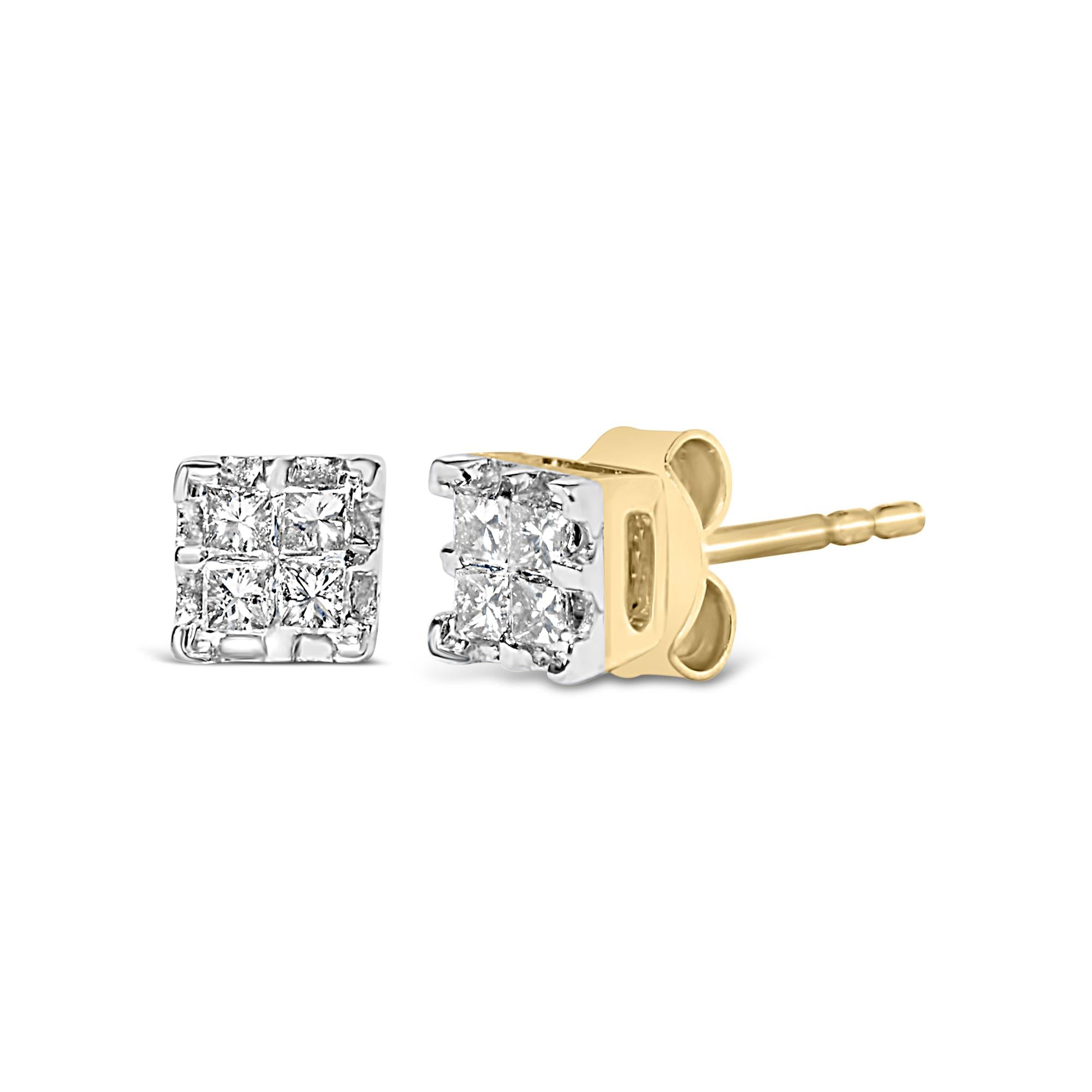 Aretes de oro amarillo de 10 k con diamantes princesa de cuatro puntas (1/4 ct, color JK, claridad I2-I3) - Friggin Jewelry