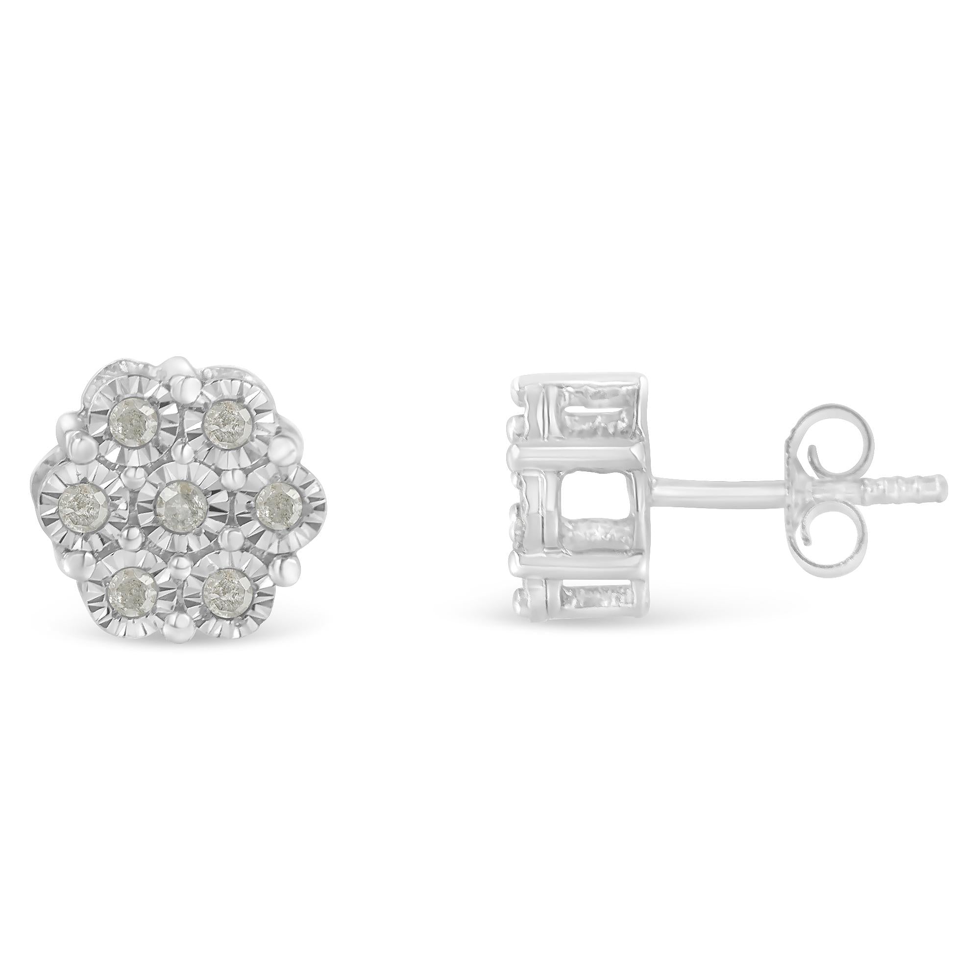 .925 Sterling Silver 1/4 Cttw Round-Cut Diamond Miracle-Set Floral Cluster Button Stud Earrings (I-J Color, I3 Clarity) - Friggin Jewelry