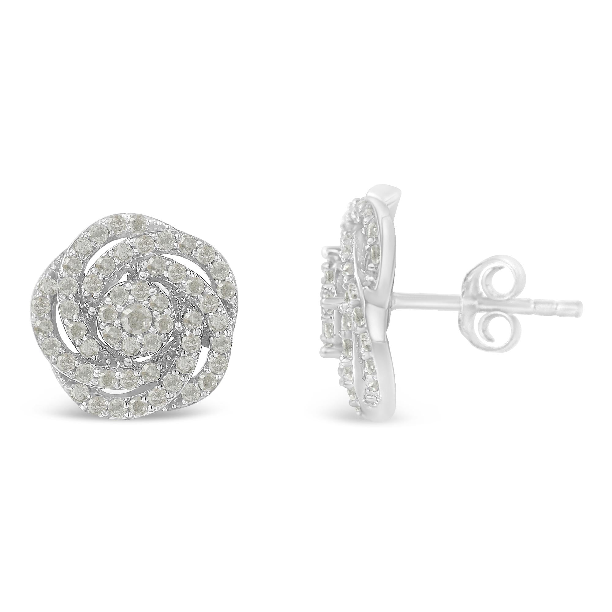 Aretes de oro blanco de 10 k con diamantes de talla rosa y racimo floral (1 ct, color IJ, claridad I2-I3) - Friggin Jewelry