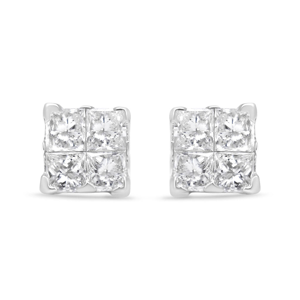 Orecchini a bottone in argento sterling 925 con diamanti taglio principessa da 5/8 carati, montatura invisibile (colore IJ, purezza I2-I3) - Friggin Jewelry