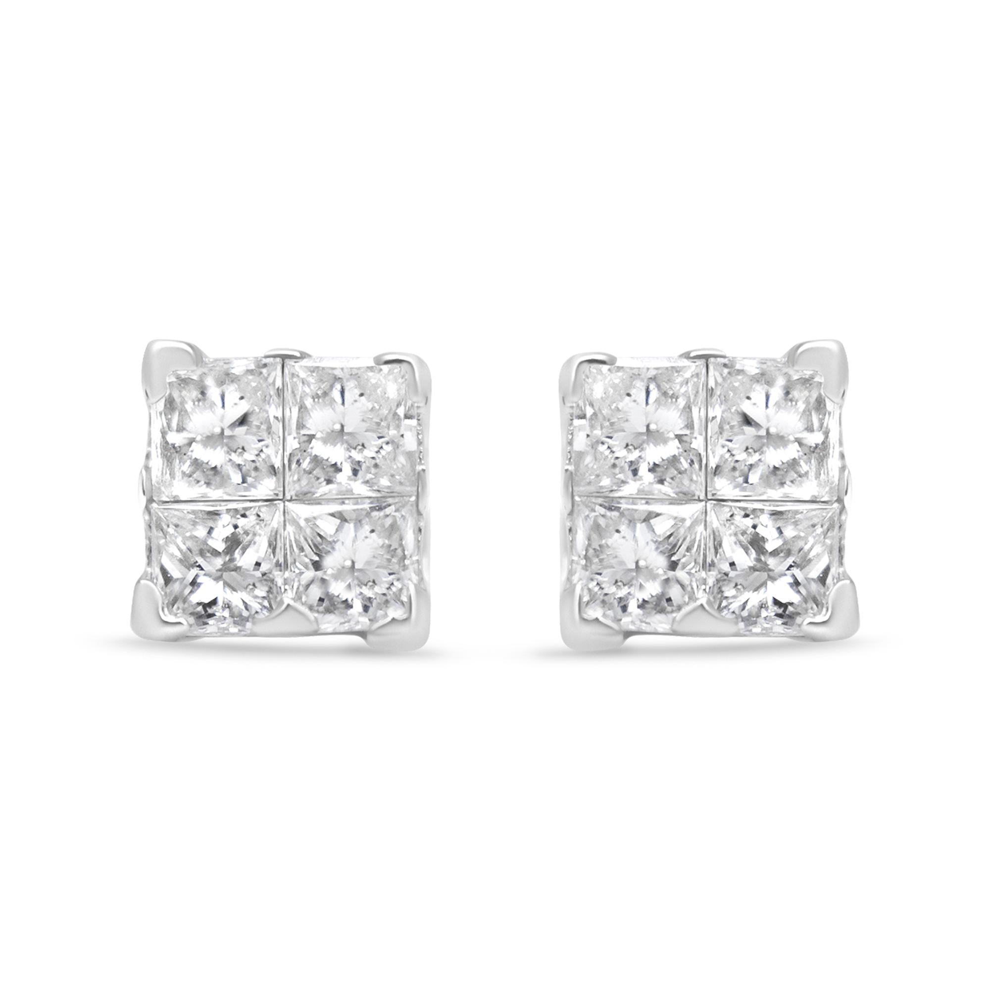 .925 Sterling Silver 5/8 Cttw Princess Cut Diamond Invisible Set Quad Composite Stud Earrings (I-J Color, I2-I3 Clarity) - Friggin Jewelry