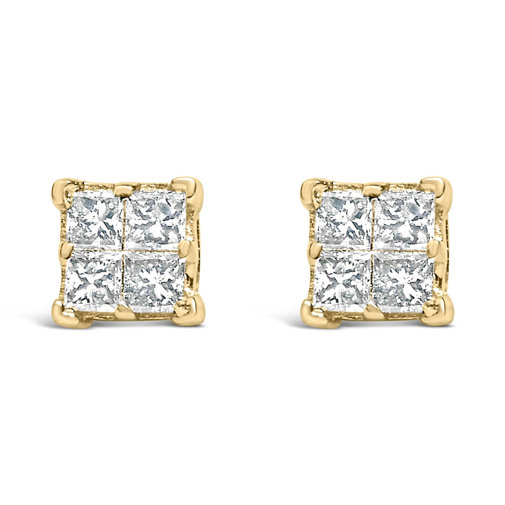 Orecchini a bottone quadrati in oro giallo 14 carati con diamanti incastonati in modo invisibile da 1/2 carati (colore KL, purezza SI1-SI2) - Friggin Jewelry