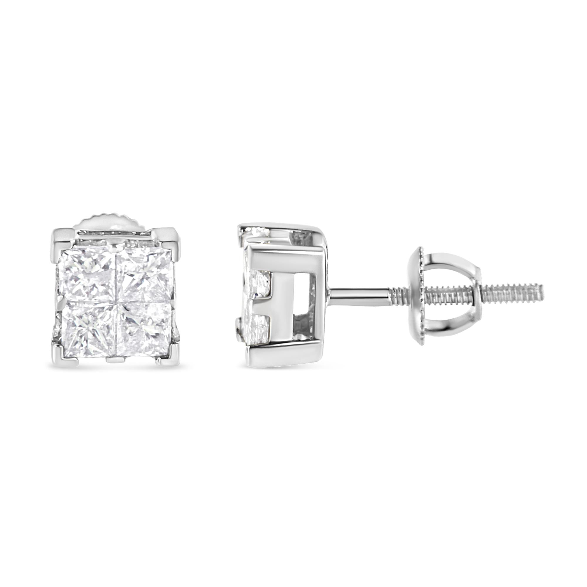 10K White Gold 3/4 Cttw Invisible Set Princess-Cut Diamond Composite Square Stud Earrings (H-I Color, SI2-I1 Clarity) - Friggin Jewelry