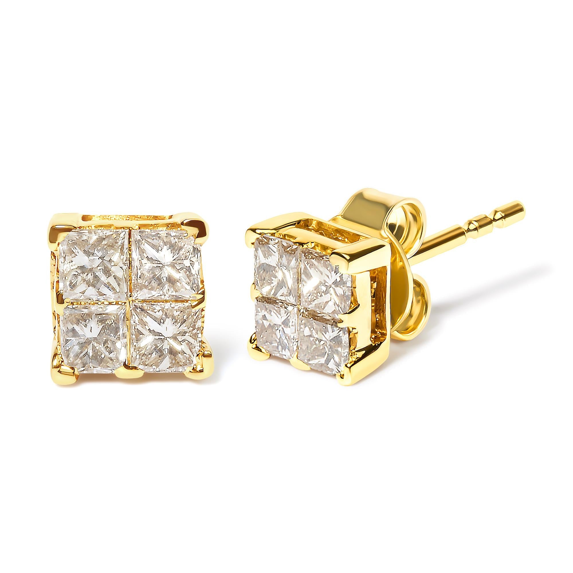 Aretes de oro amarillo de 14 quilates con diamantes de talla princesa de 3/4 quilates y 4 piedras cuadradas engastadas invisibles (color JK, claridad SI2-I1) - Friggin Jewelry