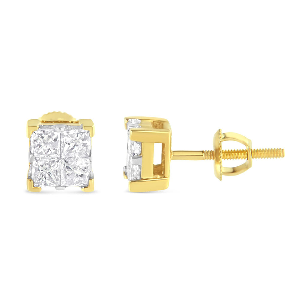10K Yellow Gold 3/4 Cttw Invisible Set Princess-Cut Diamond Composite Square Stud Earrings (I-J Color, I2-I3 Clarity) - Friggin Jewelry