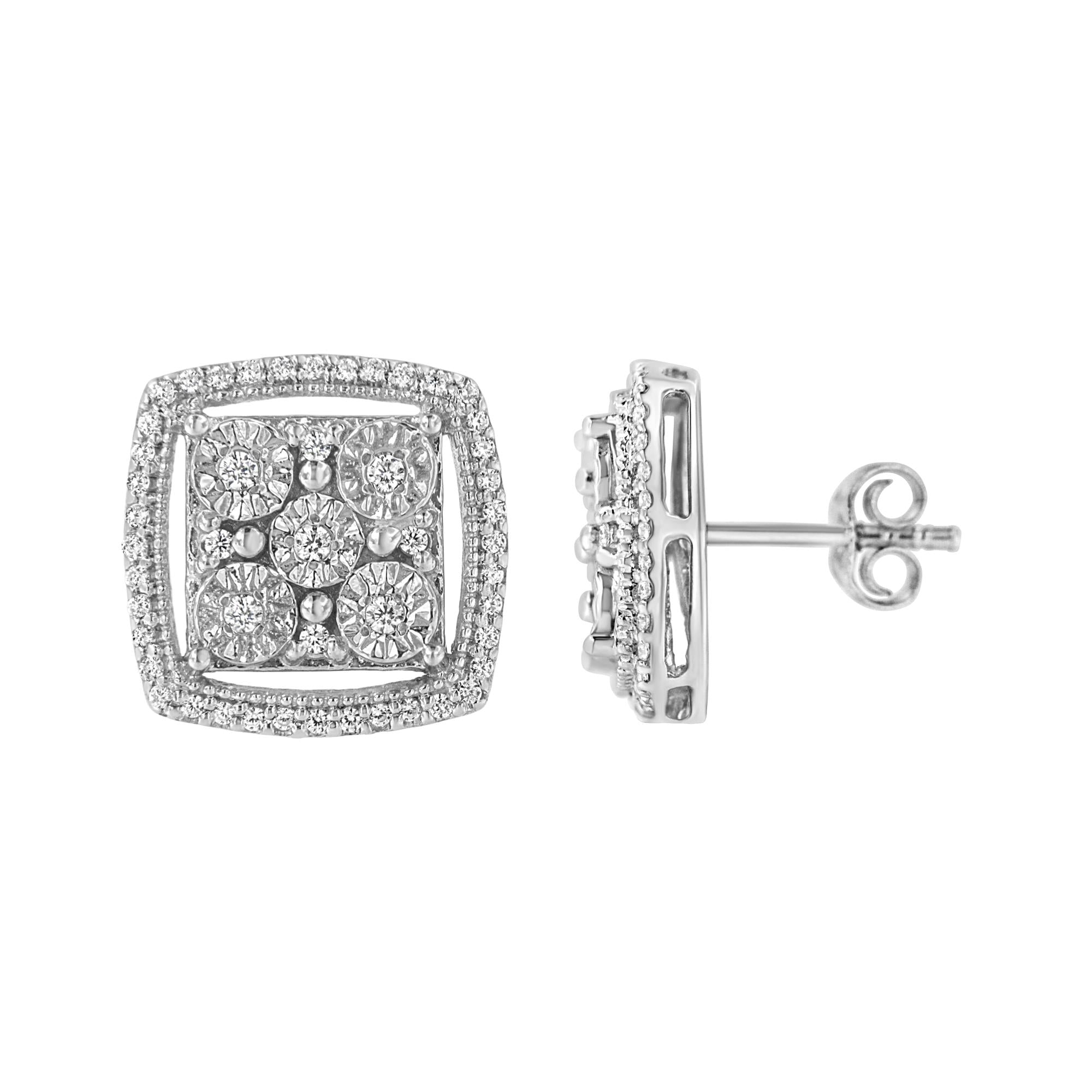 Pendientes de plata de ley 925 con doble halo de diamantes redondos engastados milagrosos de 3/8 quilates (color IJ, claridad I2-I3) - Friggin Jewelry