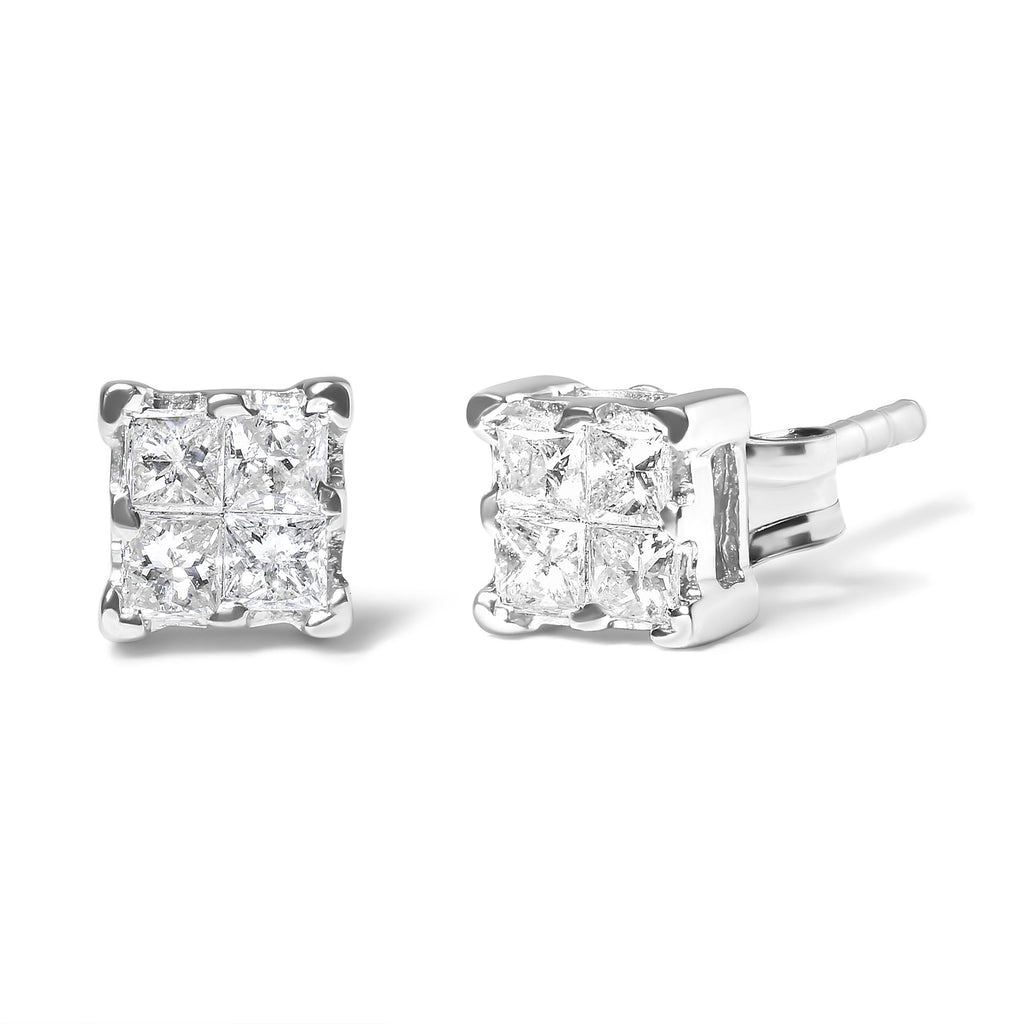 .925 Sterling Silver 1/4 Cttw Invisible Set Princess Diamond Composite Quad Stud Earrings (I-J Color, I1-I2 Clarity) - Friggin Jewelry