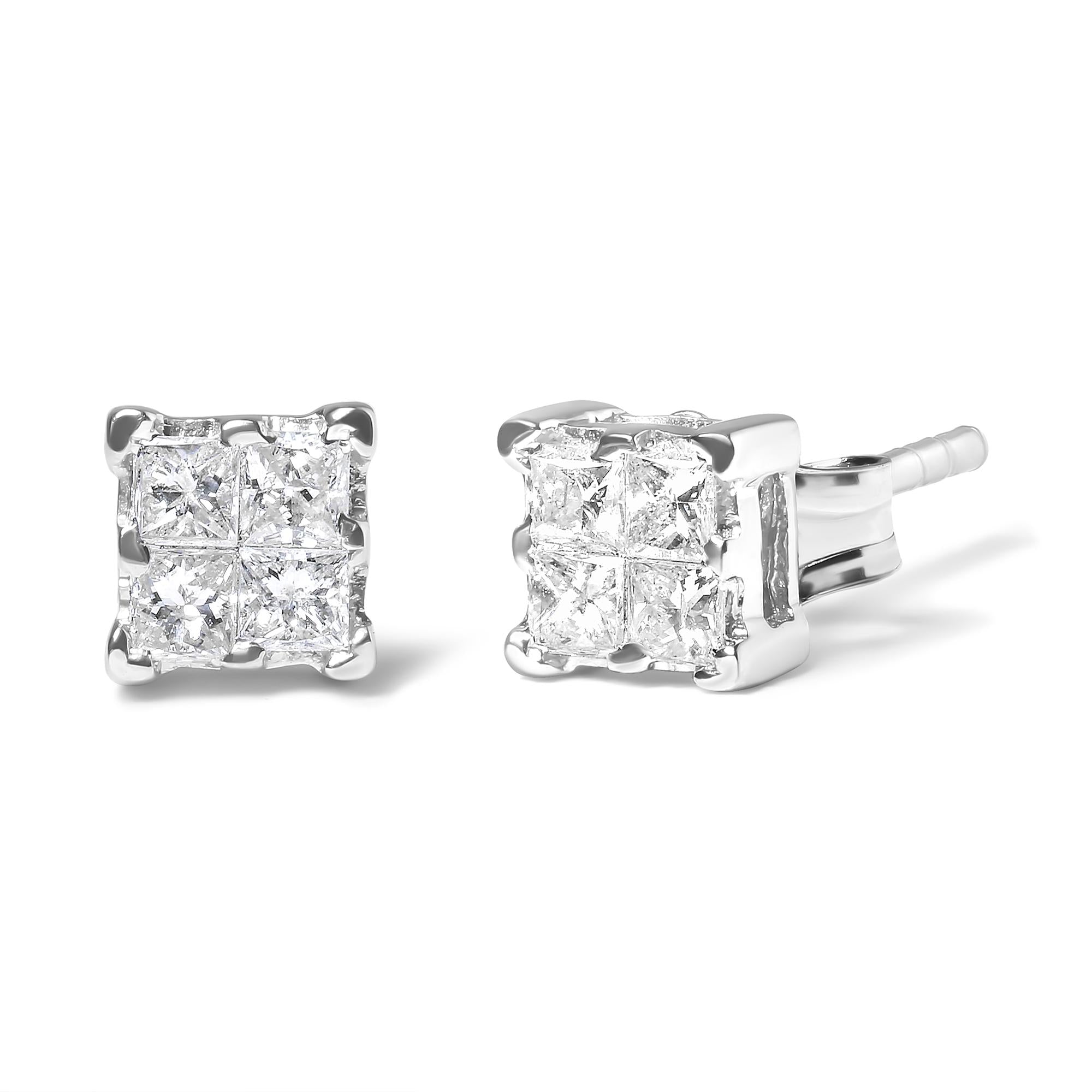Pendientes de botón de plata de ley 925 de 1/4 ct con diamantes princesa engastados invisibles (color IJ, claridad I1-I2) - Friggin Jewelry