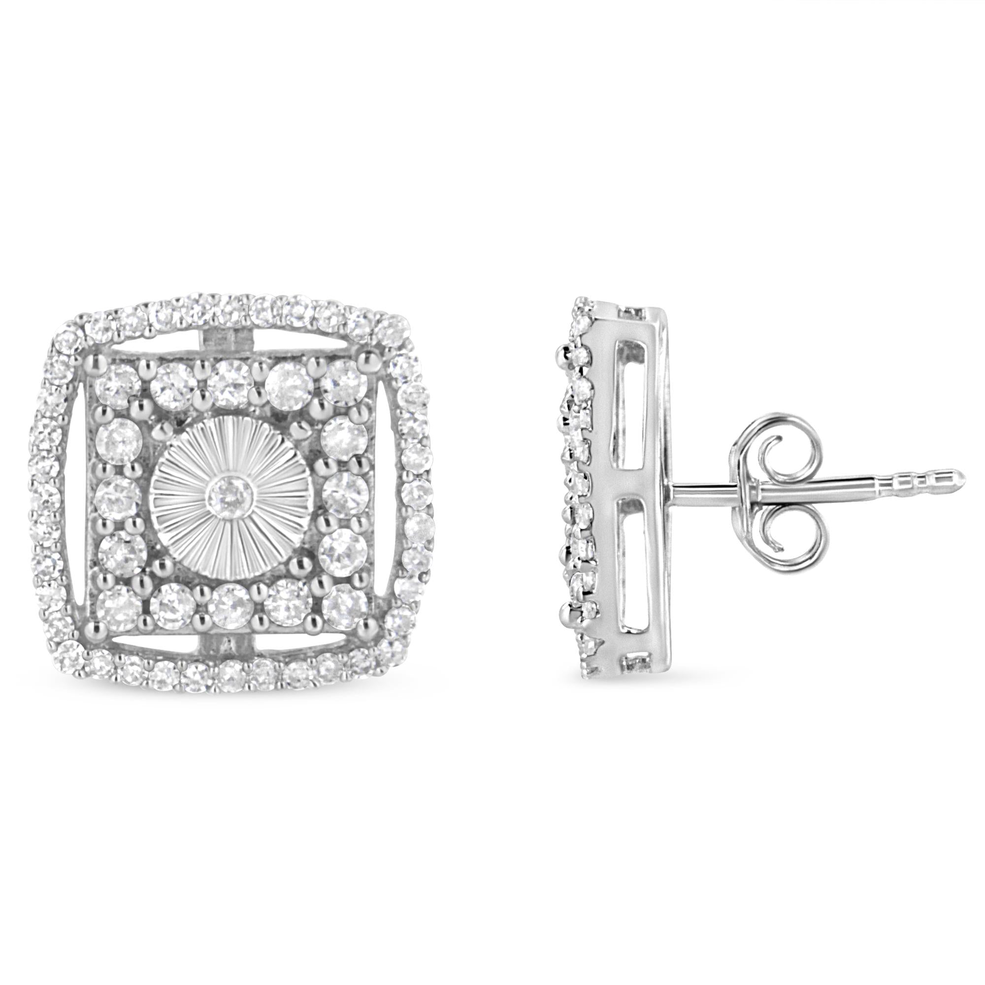 Pendiente de botón con doble halo y disco de diamantes redondos de 1,0 ct en plata de ley 925 (color IJ, claridad I2-I3) - Friggin Jewelry