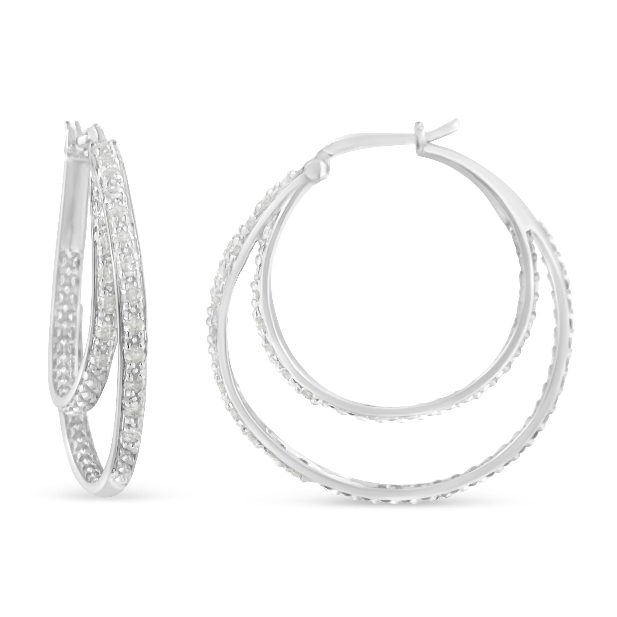 .925 Sterling Silver 1/2 cttw Miracle-Set Diamond Double Hoop with Latchback Earrings (I-J Color, I3 Clarity) - Friggin Jewelry