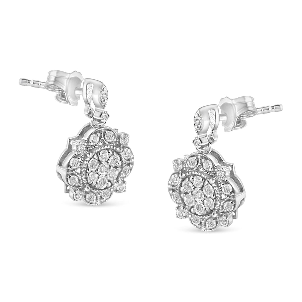 .925 Sterling Silver 1/2 Cttw Diamond Dangle Miligrain Earring (I-J Color, I2-I3 Clarity) - Friggin Jewelry