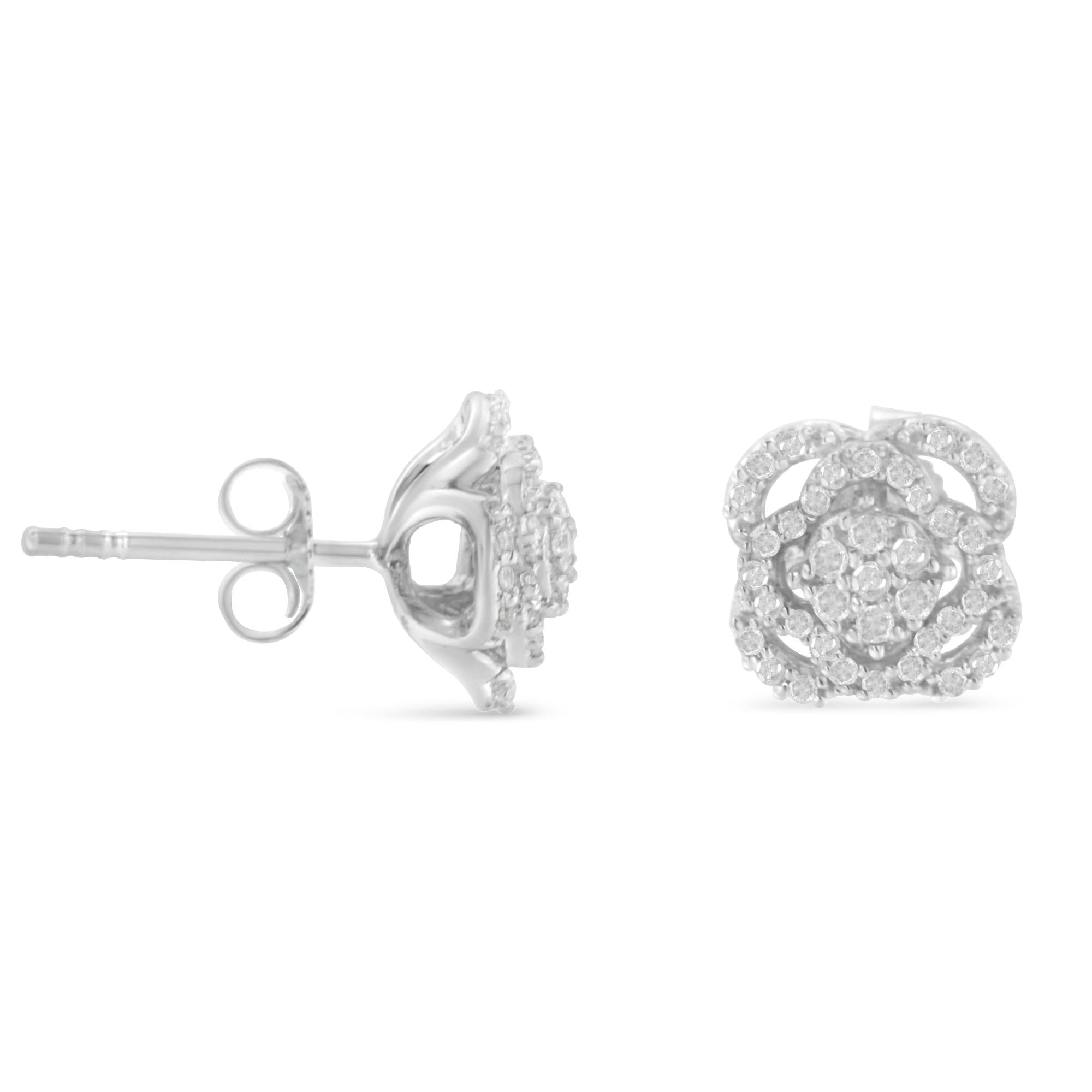 Pendiente de botón con halo y racimo floral de diamantes de talla redonda de 1/2 ct en plata de ley 925 (color IJ, claridad I3) - Friggin Jewelry