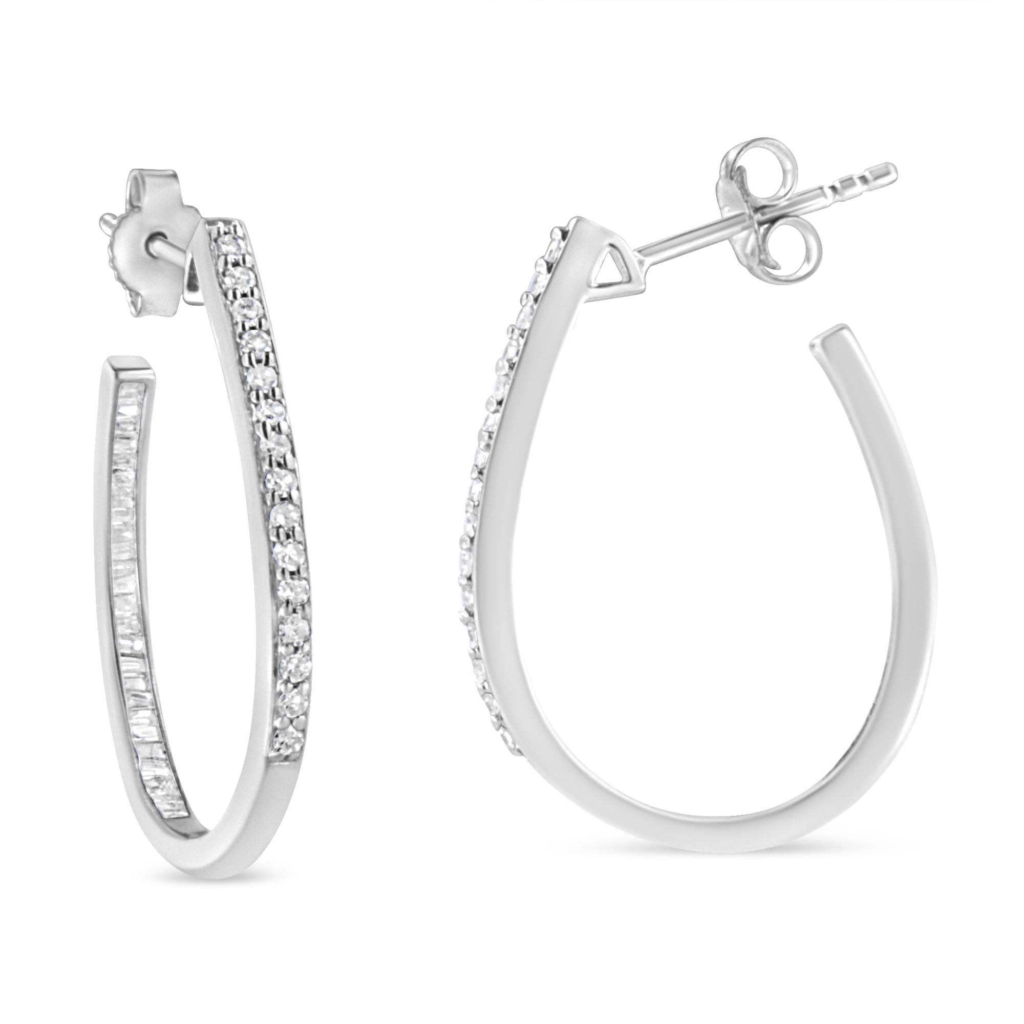Orecchini a cerchio con diamanti taglio baguette e rotondo da 1/2 carati in argento sterling 925 (colore HI, purezza I1-I2) - Friggin Jewelry
