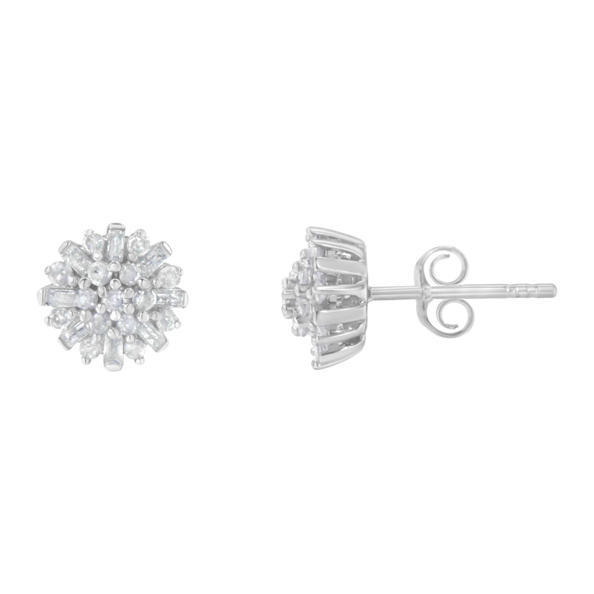 .925 Sterling Silver 1/2 Round and Baguette Diamond Sunburst Floral Cluster Stud Earrings (I-J Color, I3 Clarity) - Friggin Jewelry
