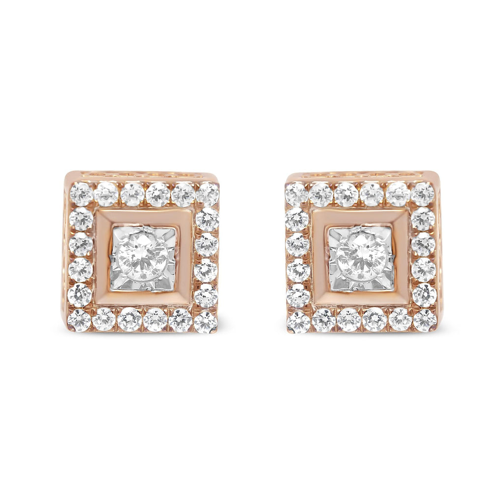 14K Rose Gold Plated .925 Sterling Silver 1/2 Cttw Diamond Halo Square-Shaped Frame Stud Earring (I-J Color, I3 Clarity) - Friggin Jewelry
