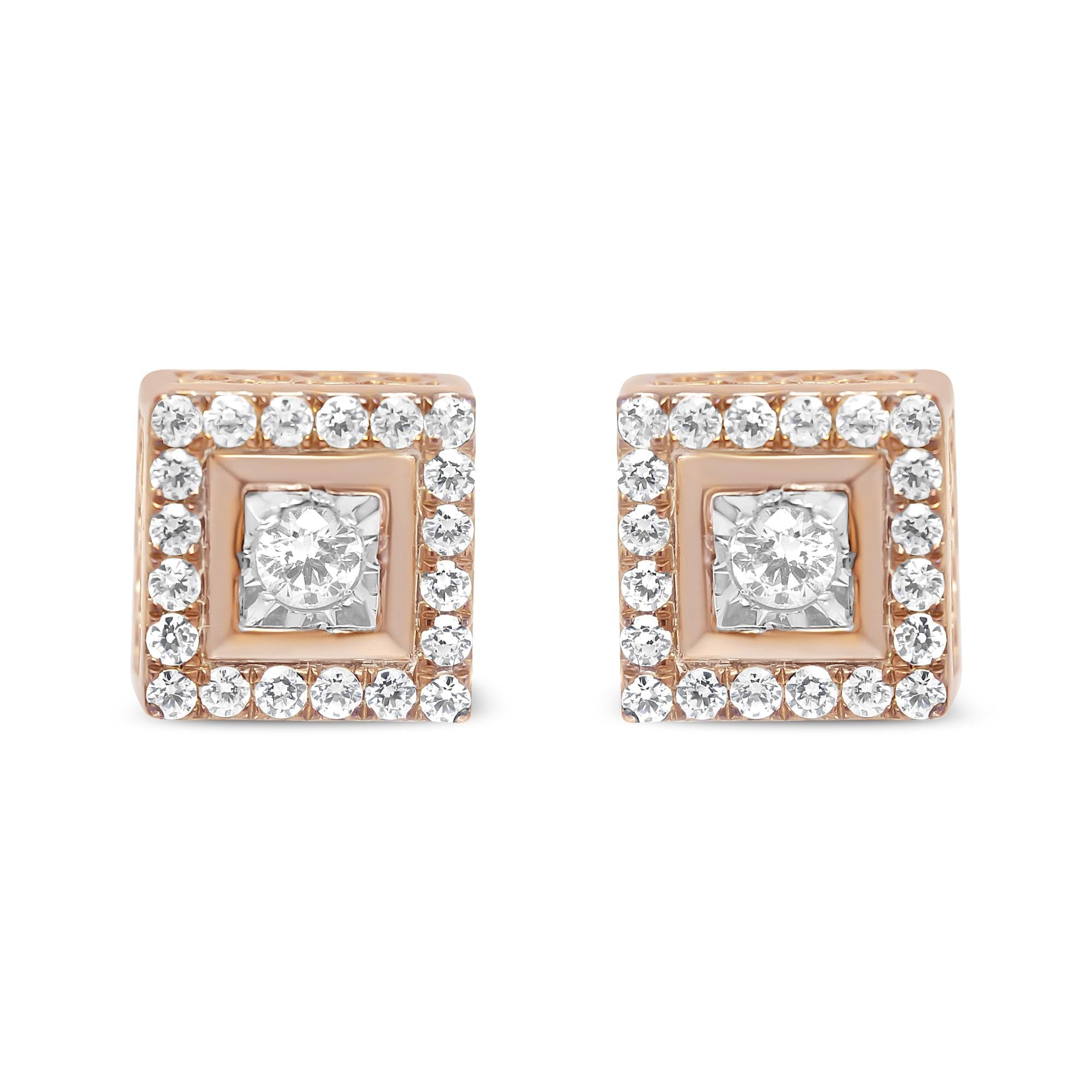 14K Rose Gold Plated .925 Sterling Silver 1/2 Cttw Diamond Halo Square-Shaped Frame Stud Earring (I-J Color, I3 Clarity) - Friggin Jewelry