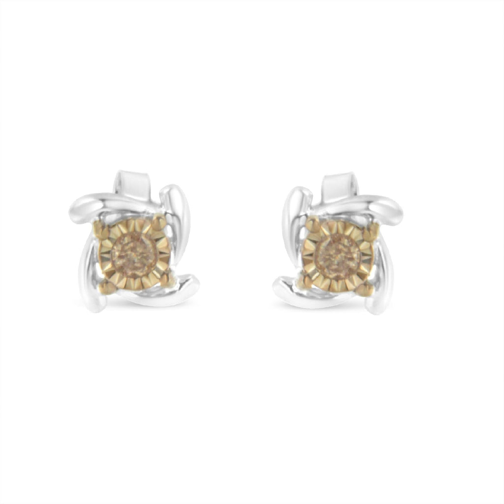 Pendiente de botón de diamantes en plata de ley bicolor (0,10 cts, color champán, claridad I2-I3) - Friggin Jewelry