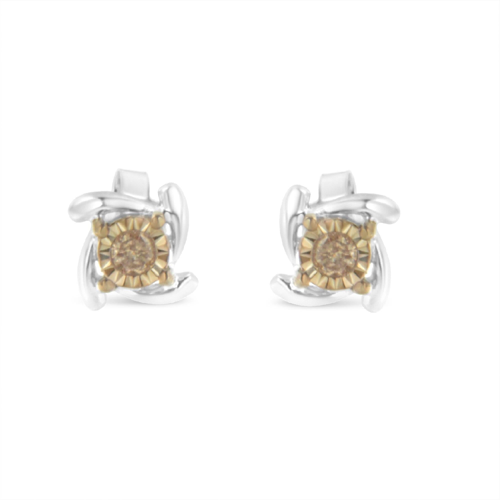 Pendiente de botón de diamantes en plata de ley bicolor (0,10 cts, color champán, claridad I2-I3) - Friggin Jewelry