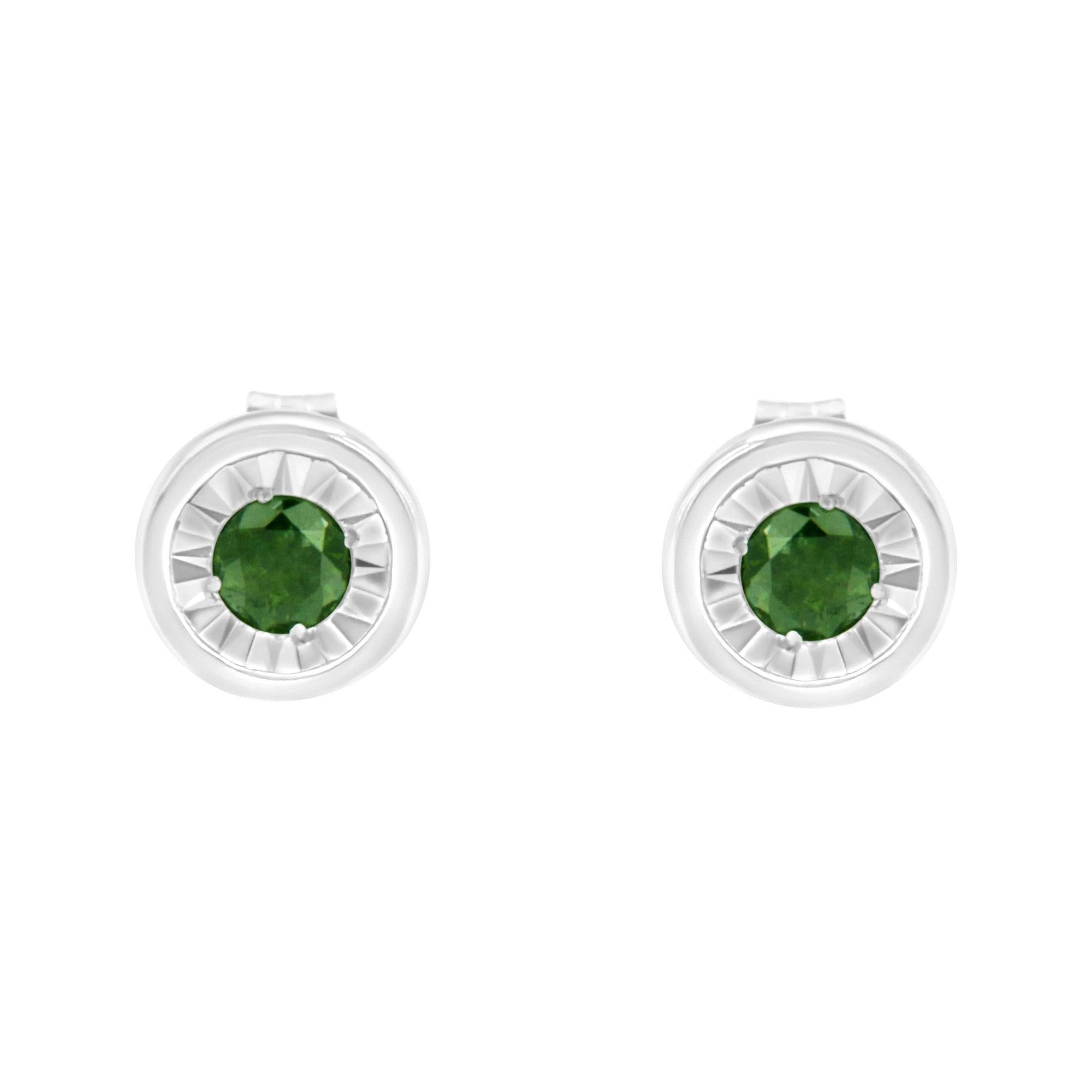 .925 Sterling Silver 1/4 Cttw Round Brilliant-Cut Green Diamond Miracle-Set Stud Earrings (Fancy Color-Enhanced, I1-I2 Clarity) - Friggin Jewelry