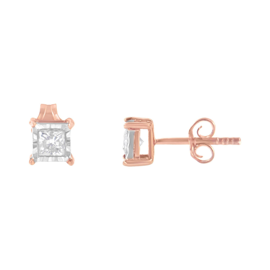 14K Rose Gold Plated Two-Tone .925 Sterling Silver 1/2 Cttw Princess-Cut Square Near Colorless Diamond Solitaire Miracle-Plate Stud Earrings (J-K Color, I2-I3 Clarity) - Friggin Jewelry