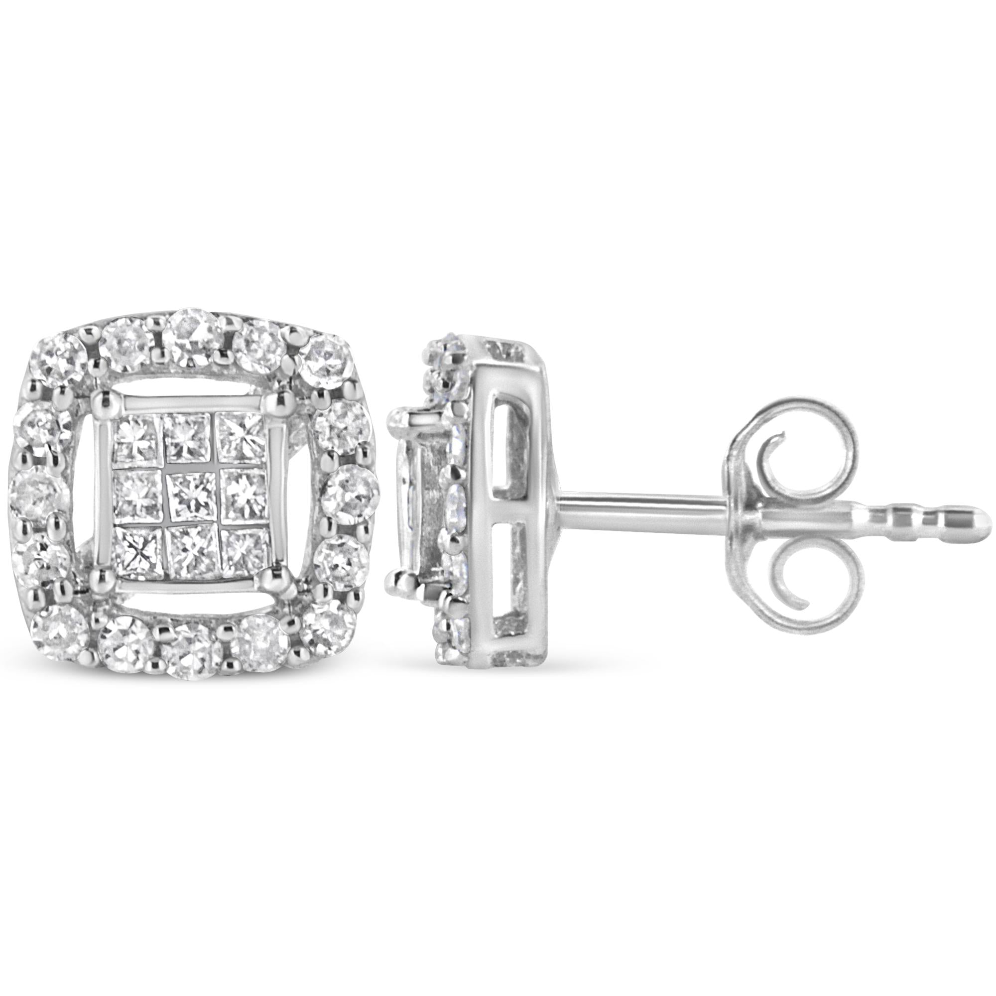 Aretes de plata de ley 925 con diamantes redondos y de talla princesa de 1/2 quilates (color IJ, claridad I1-I2) - Friggin Jewelry