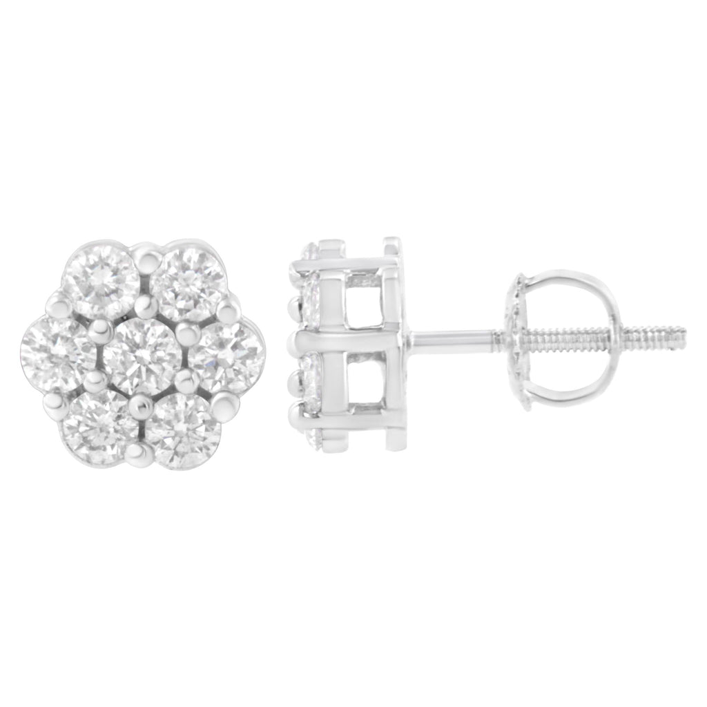 Aretes de oro blanco de 14 quilates con 7 diamantes redondos de talla brillante y cierre de rosca (IJ, SI2-I1) - Friggin Jewelry