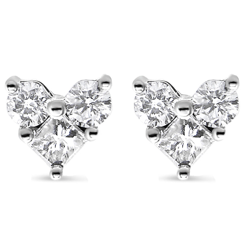 10K White Gold Diamond 3 Stone Trio Heart Stud Earring (I-J Color, I1-I2 Clarity) - Friggin Jewelry