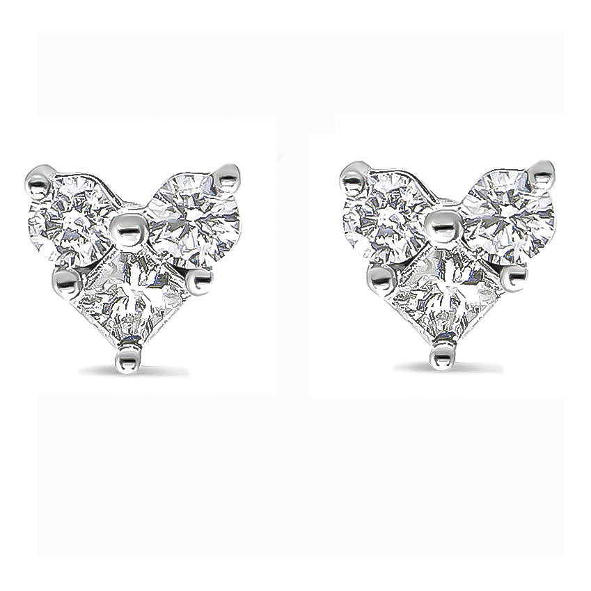 10K White Gold Diamond 3 Stone Trio Heart Stud Earring (I-J Color, I1-I2 Clarity) - Friggin Jewelry