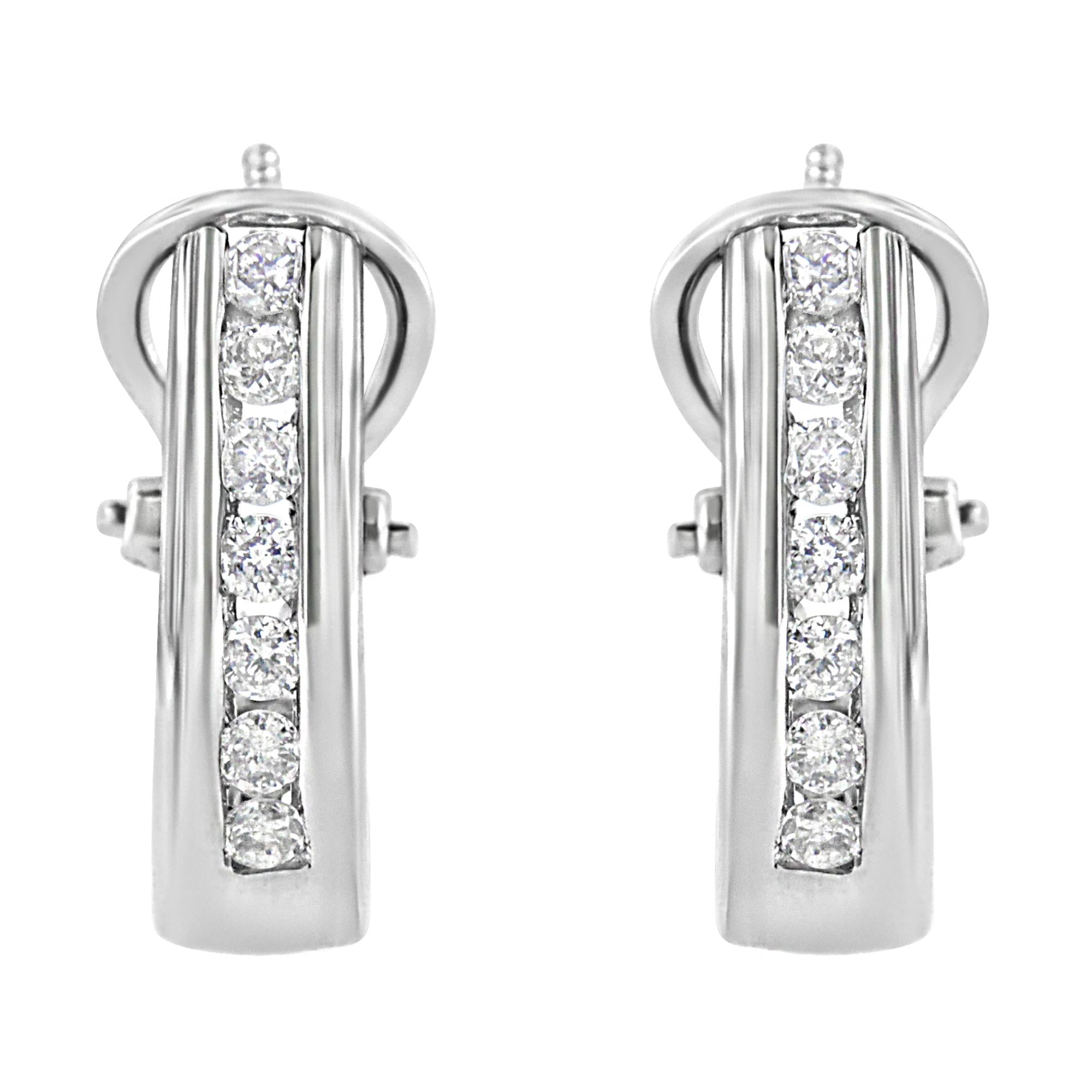 .925 Sterling Silver Channel Set 1/2 Cttw Lab Grown Round Diamond Omega Back Huggy Hoop Earrings (F-G Color, SI1-SI2 Clarity) - Friggin Jewelry
